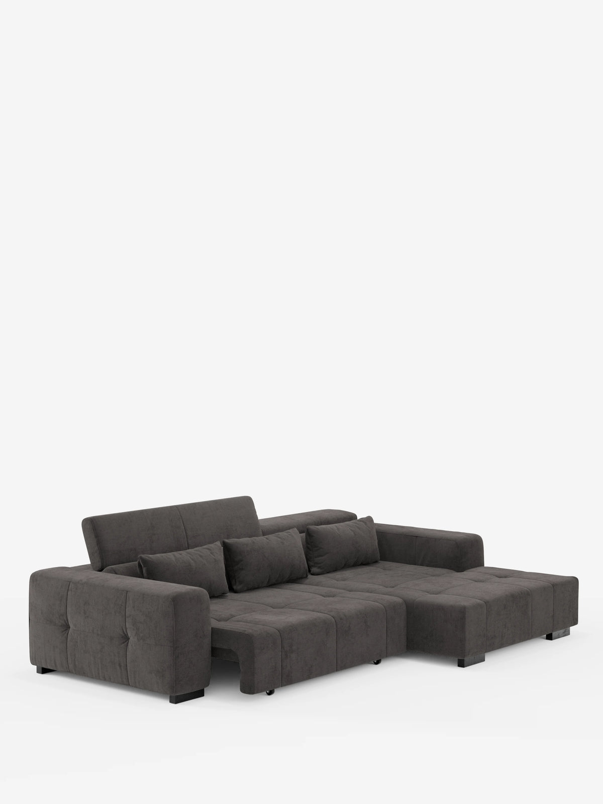 Il divano angolare con penisola e relax elettrico Monarch di divitt.sbs è un moderno divano componibile in grigio scuro, realizzato in morbido tessuto T31 resistente alle macchie. È dotato di cuscini trapuntati, ampi braccioli, quattro cuscini dello schienale, schienali regolabili con poggiatesta reclinabili e funzione relax elettrico per l’estensione delle sedute. Sorretto da corte gambe nere, il modulo chaise si estende verso destra ed è raffigurato su uno sfondo bianco a tinta unita.
