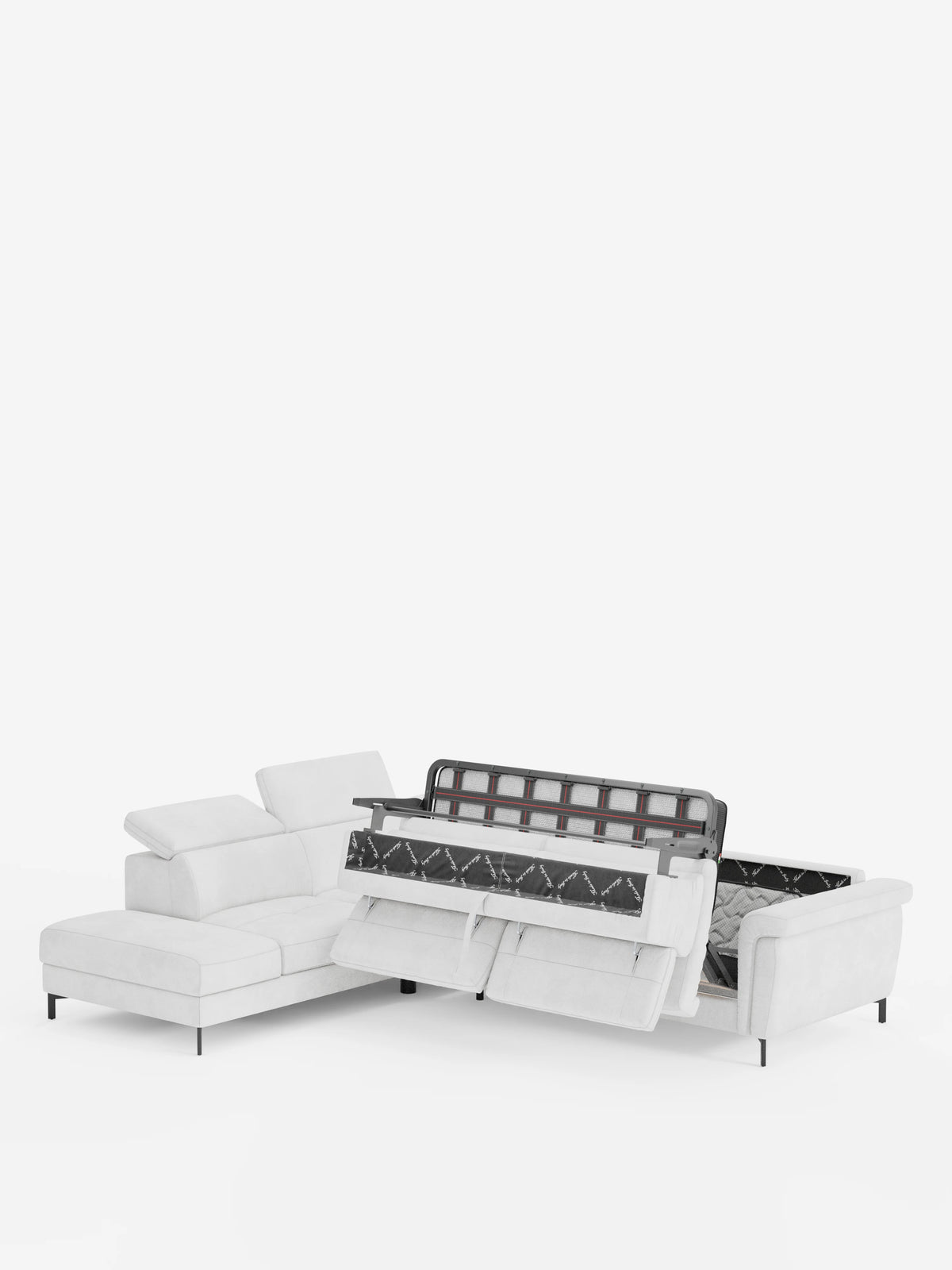 Il divano letto angolare Capri con poggiatesta reclinabili e materasso ad alte prestazioni in tessuto vellutino smacchiabile T30 di divitt.sbs è presentato in un elegante colore bianco, esempio di design moderno. La sua forma a L è dotata di poggiatesta regolabili, mentre la sezione destra nasconde un meccanismo a letto estraibile con un materasso ad alte prestazioni, a dimostrazione della sua praticità come divano letto. Il divano è posizionato su uno sfondo bianco a tinta unita.