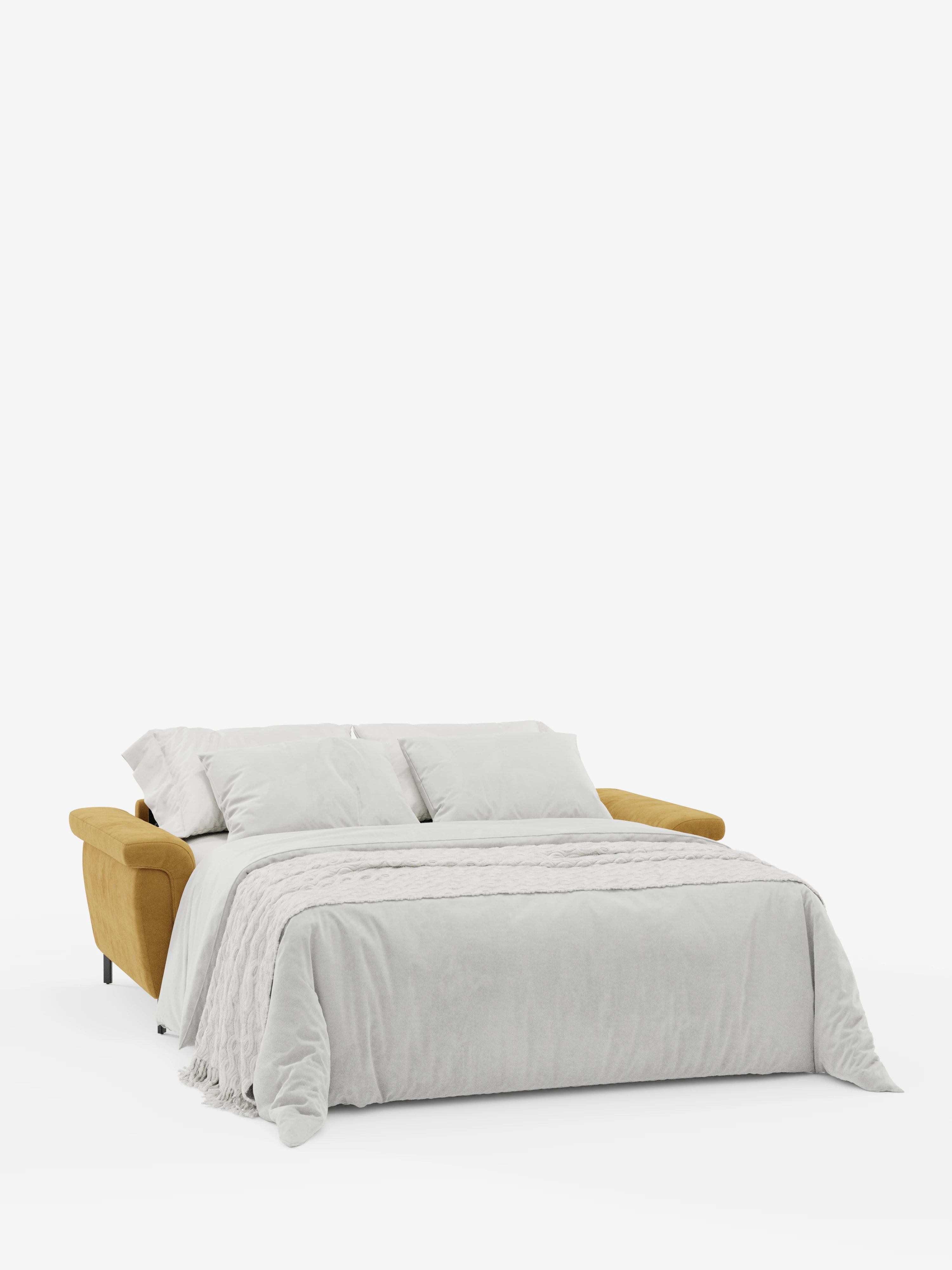 Il divano letto di design Capri con piedini alti di divitt.sbs è raffigurato nella versione aperta, con un piumone grigio chiaro e due cuscini coordinati. Rivestito in raffinato tessuto effetto velluto smacchiabile T30, questo modello è dotato di poggiatesta reclinabili ed è un esempio perfetto di eleganza e comfort. La scena è ambientata su uno sfondo bianco a tinta unita con un'illuminazione soffusa, per un look minimalista.