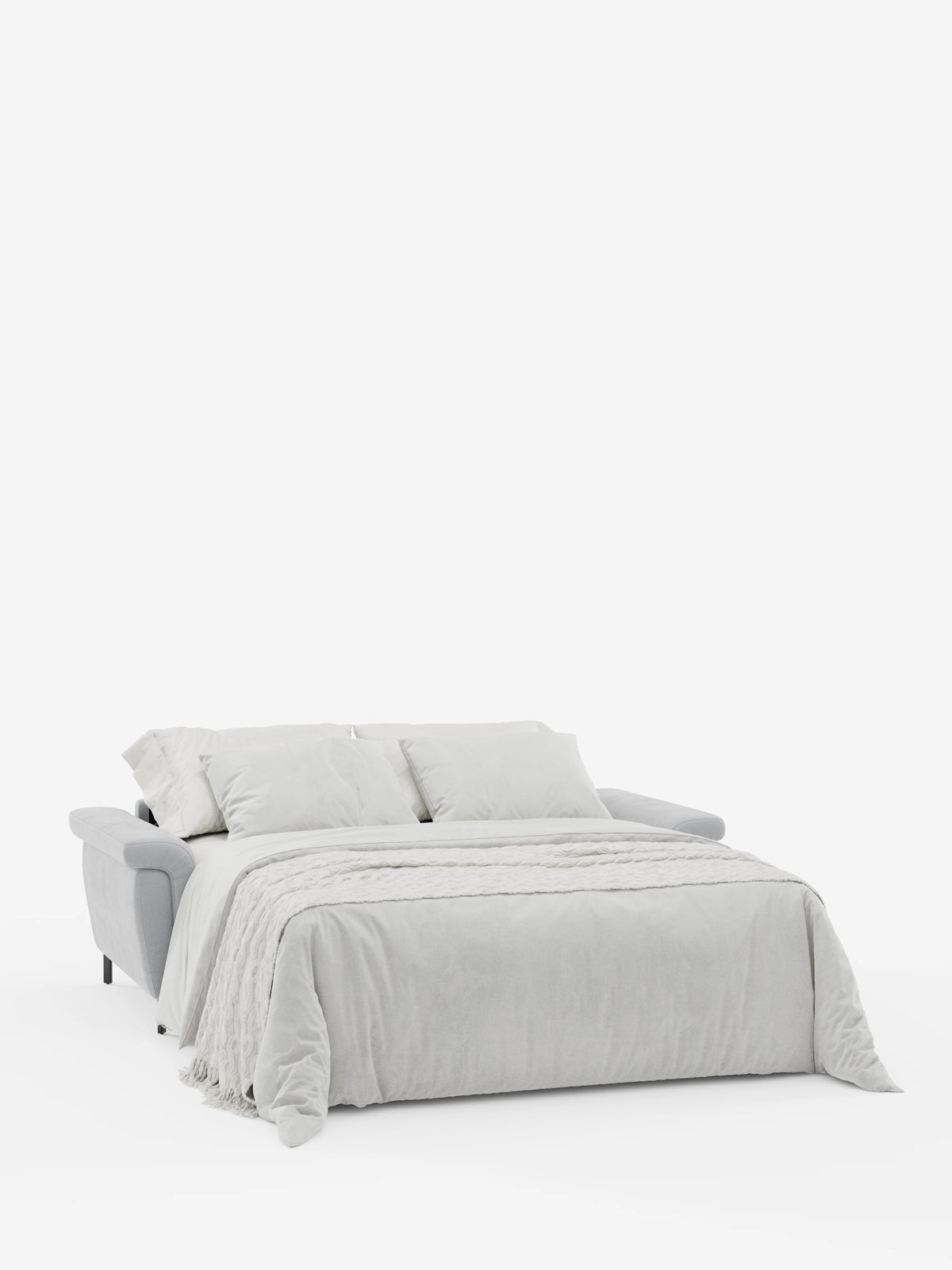 Il divano letto di design Capri, di colore grigio chiaro, con piedini alti di divitt.sbs è completato da un morbido materasso, due cuscini e una coperta drappeggiata con cura. Caratterizzato da braccioli dalle curve eleganti e da raffinati poggiatesta reclinabili, la sua biancheria da letto morbida e invitante risalta sullo sfondo bianco. Il tessuto smacchiabile effetto velluto T30 mette in risalto la pregiata manifattura italiana di questo pezzo di design.