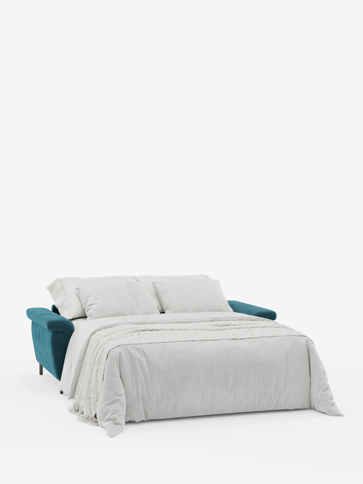 Il divano letto di design Capri di divitt.sbs, caratterizzato da gambe alte e poggiatesta regolabili, è raffigurato aperto in versione letto e drappeggiato con un piumone grigio chiaro e due cuscini coordinati. Rivestito con il raffinato tessuto effetto velluto smacchiabile T30, resistente alle macchie e che evoca la qualità della manifattura italiana, questo ambiente minimalista si staglia su uno sfondo bianco a tinta unita.