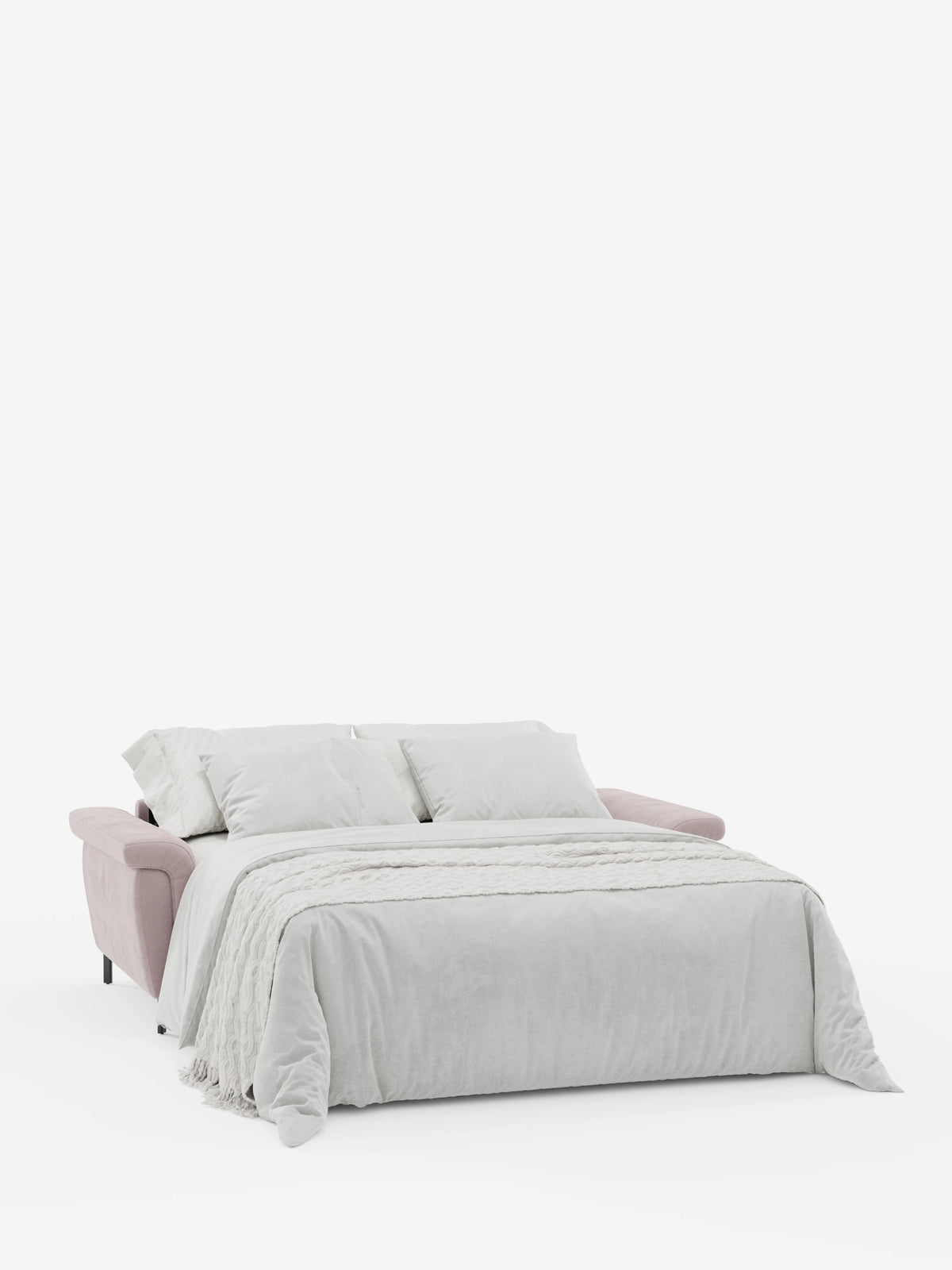 Il divano letto di design Capri, color grigio chiaro con piedini alti, di divitt.sbs, è completamente estensibile e comprende due cuscini e un piumone coordinato. Il suo morbido rivestimento in tessuto effetto velluto smacchiabile T30 e i braccioli color malva chiaro risaltano sullo sfondo bianco a tinta unita, mettendo in risalto l’elegante lavorazione artigianale italiana e i poggiatesta reclinabili.
