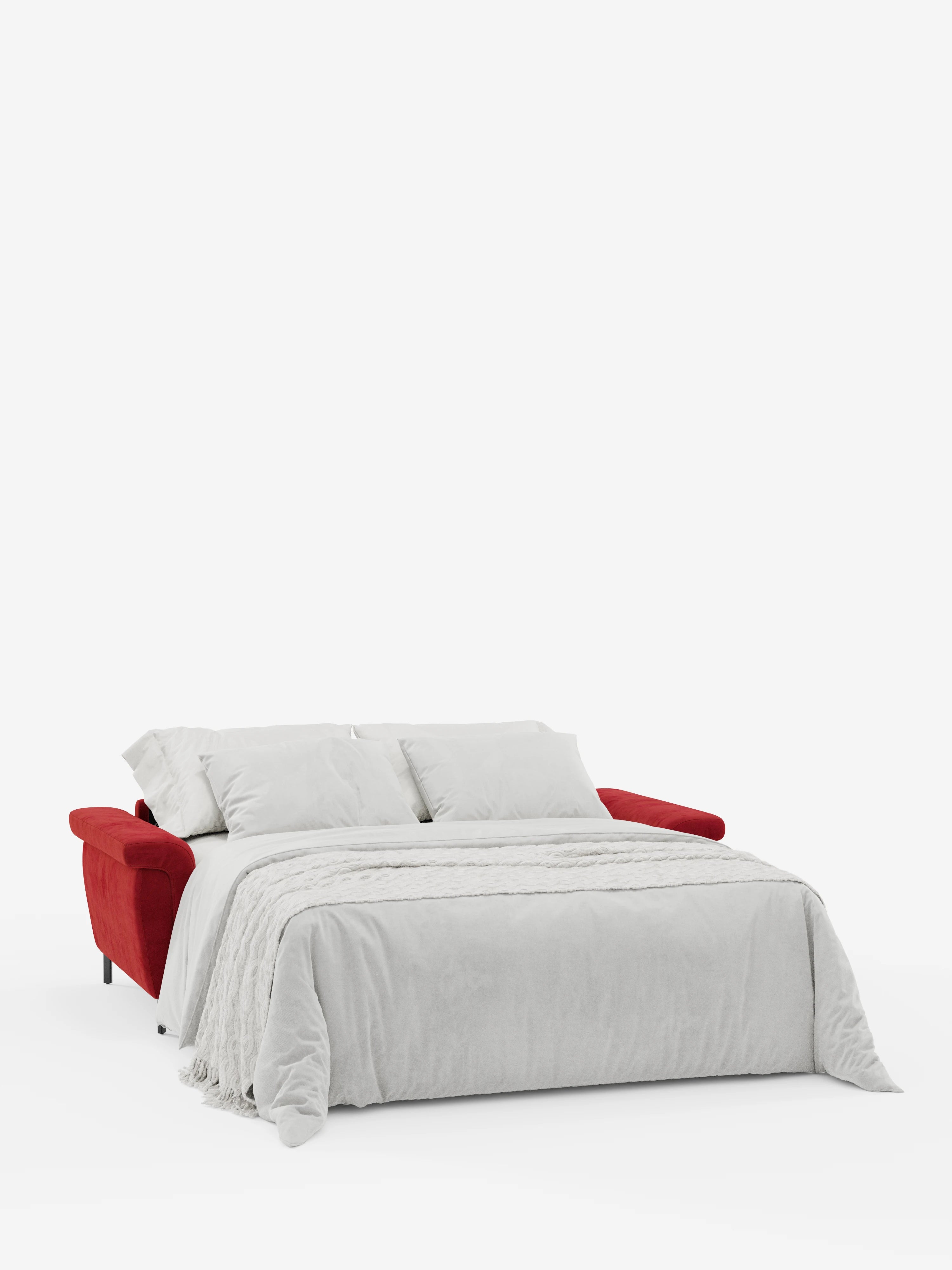 Il divano letto di design Capri con piedini alti di divitt.sbs, caratterizzato da un lussuoso tessuto T30 rosso smacchiabile effetto velluto e da poggiatesta regolabili, è raffigurato aperto come letto con biancheria da letto bianca e due cuscini su uno sfondo bianco a tinta unita.