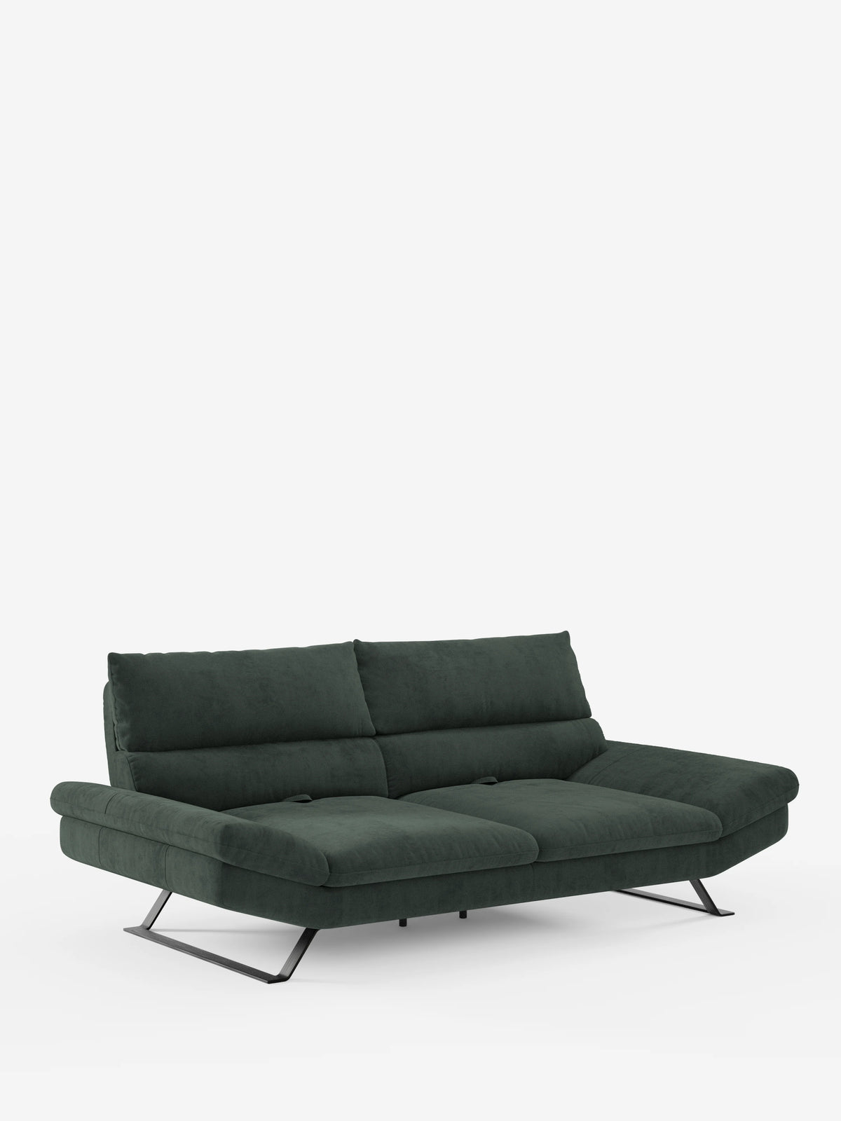 Un divano Eclipse contemporaneo di divitt.sbs, con un’elegante finitura in microfibra T11 resistente alle macchie, caratterizzato da schienali regolabili, un profilo basso e moderno, ampi cuscini di seduta e gambe in metallo nero ad angolo accentuato. Questo divano dal design moderno è ideale per gli spazi contemporanei, poiché unisce un minimalismo raffinato a un comfort regolabile. Immagine riproposta su uno sfondo bianco a tinta unita.