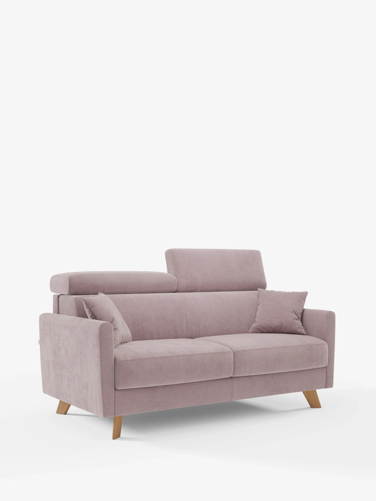 Un divano letto a due posti Francy di divitt.sbs, dal design moderno e in una delicata tonalità malva, dotato di poggiatesta regolabili, rivestimenti completamente sfoderabili in elegante tessuto T30 antimacchia, gambe angolari in legno e un cuscino decorativo abbinato, presentato su uno sfondo bianco a tinta unita.