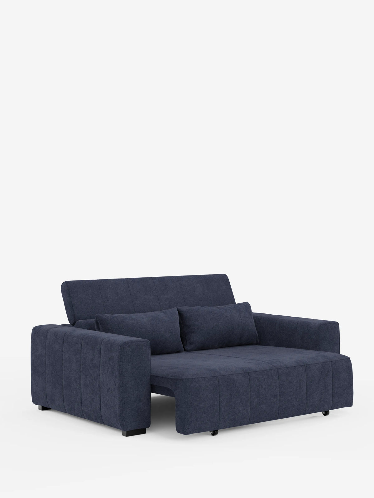 Un divano a 3 posti in stile dorico contemporaneo di divitt.sbs, color blu scuro, caratterizzato da ampi braccioli, due cuscini rettangolari abbinati e cuciture verticali. Il divano letto è dotato di sezioni della seduta estensibili grazie a una funzione relax elettrica e di un poggiatesta reclinabile, il tutto rivestito in tessuto T23 facile da pulire. Immagine raffigurata su uno sfondo bianco a tinta unita.