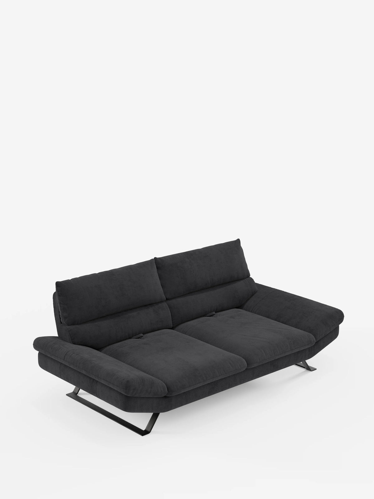 Il divano Eclipse, dal design moderno, a 2 e 3 posti con schienali traslanti di divitt.sbs, è presentato nella versione grigio scuro, rivestito in elegante microfibra T11 resistente alle macchie. Esposto su uno sfondo bianco a tinta unita, questo divano contemporaneo presenta ampi braccioli e gambe alte in metallo nero angolate che gli conferiscono un aspetto elegante. I morbidi cuscini di seduta e schienale, con schienali traslanti, offrono un comfort modulabile adatto a qualsiasi ambiente.