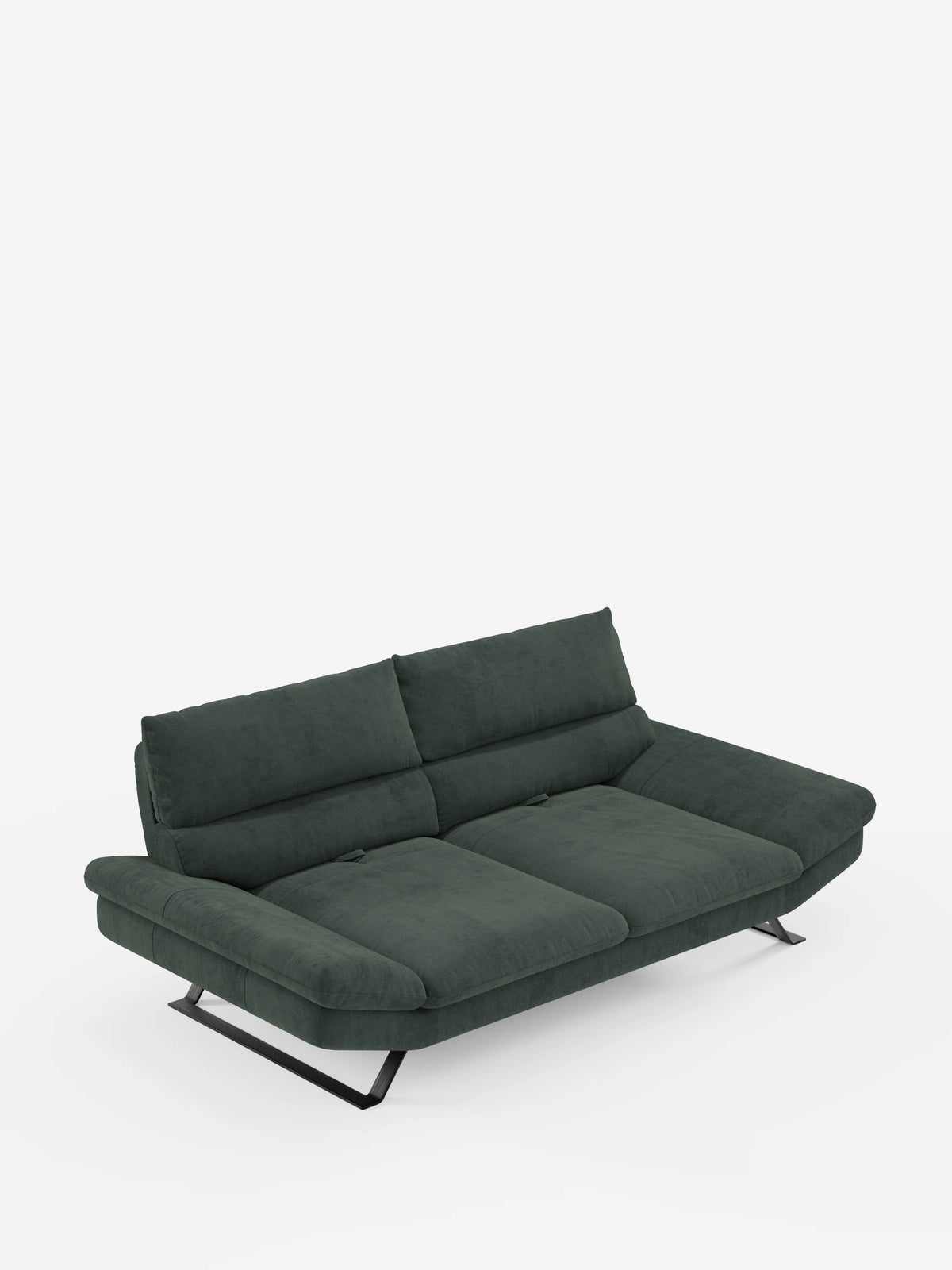 Il divano Eclipse, dal design moderno, di divitt.sbs è un divano contemporaneo di colore verde scuro, disponibile nella versione a 2 o 3 posti. È caratterizzato da gambe angolate in metallo nero (piedini alti), cuscini ampi e morbidi e uno schienale basso con due cuscini dotati di schienali traslanti per un comfort personalizzato. Rivestito in elegante microfibra T11 resistente alle macchie, il divano presenta un design moderno e minimalista, che risalta su uno sfondo bianco a tinta unita.