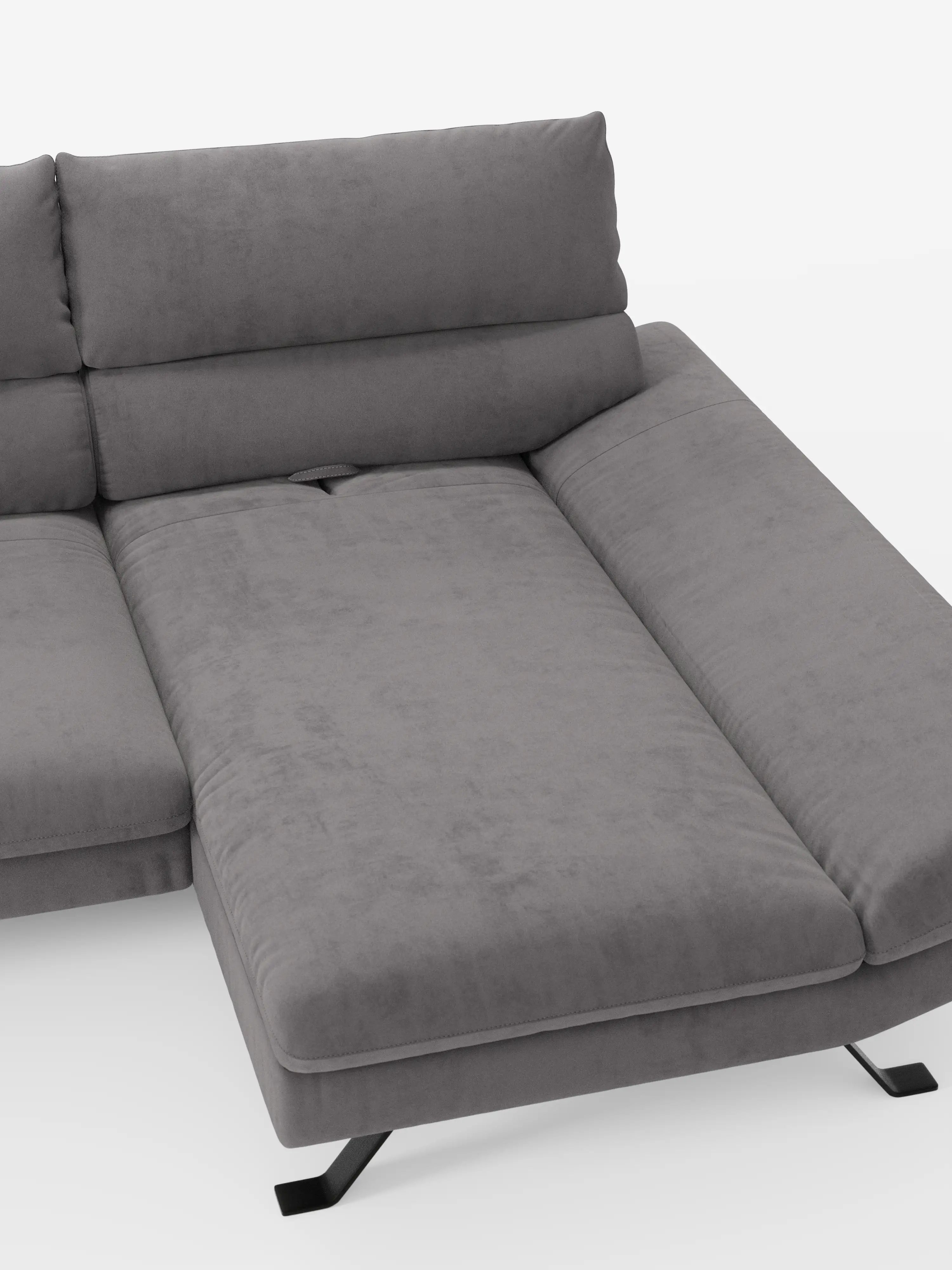 Il moderno divano angolare Eclipse con penisola e schienali scorrevoli in microfibra tecnica smacchiabile T11 di divitt.sbs è presentato con rivestimento grigio. Una delle sedute si estende per formare una chaise longue, mentre i morbidi cuscini e lo schienale basso scorrevole ne aumentano il comfort. Le gambe angolari in metallo e lo sfondo bianco a tinta unita ne sottolineano il design elegante e minimalista.