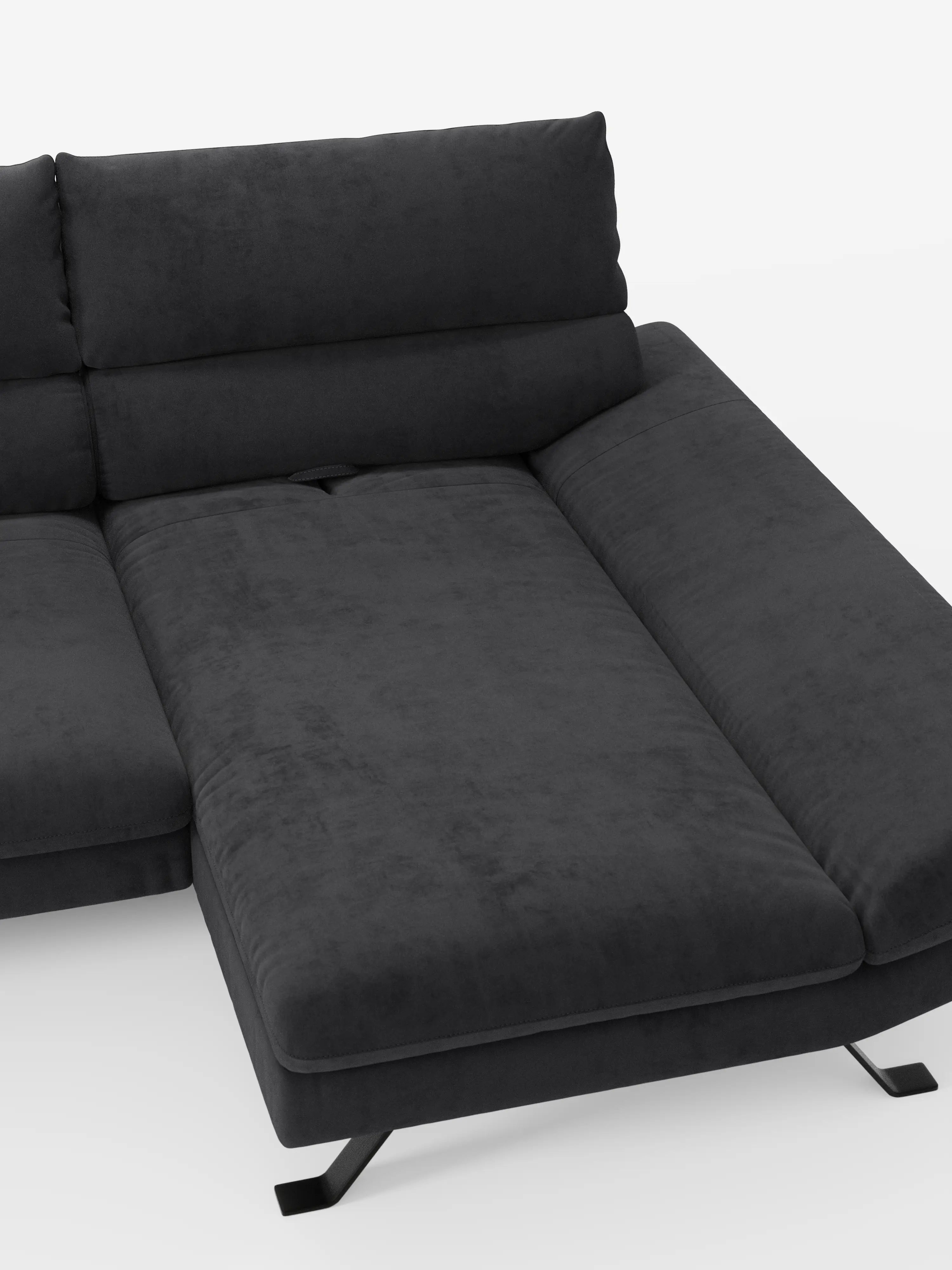 Vi presentiamo Eclipse, il divano angolare con penisola e schienali traslanti in microfibra tecnica smacchiabile T11 di divitt.sbs: un divano componibile contemporaneo in grigio scuro con cuscini ampi e morbidi e una chaise longue allungata. Rivestito in morbida e vellutata microfibra tecnica, questo divano presenta linee pulite, poggiatesta regolabili e gambe angolari in metallo. Si distingue su uno sfondo bianco che ne accentua il design moderno.