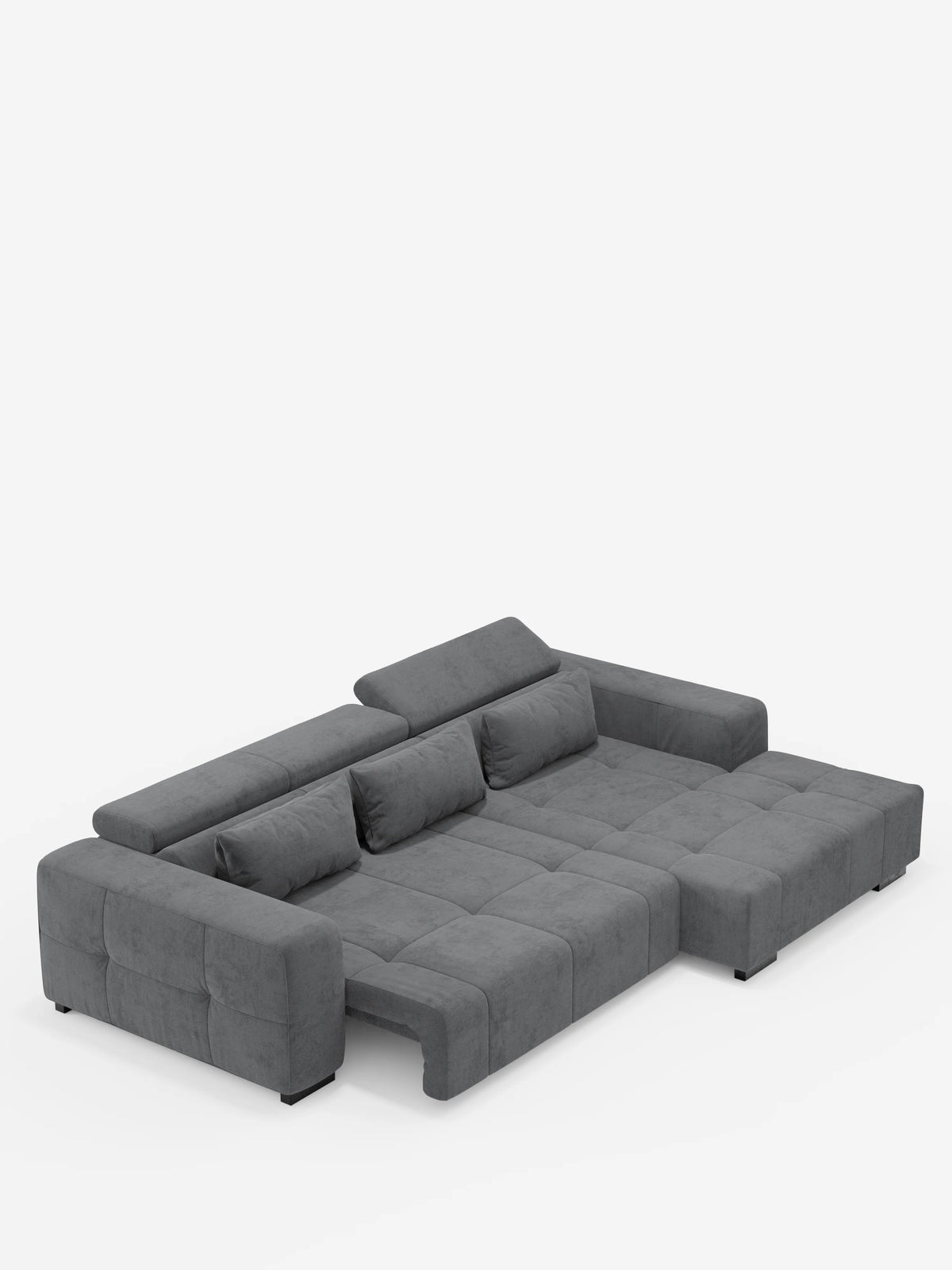 Vi presentiamo il divano angolare Monarch con penisola e funzione relax elettrica per l’allungamento delle sedute, firmato divitt.sbs: un moderno divano componibile a forma di L di colore grigio, rivestito in morbido tessuto T31 resistente alle macchie, con cuscini trapuntati, ampi braccioli, tre poggiatesta reclinabili e una chaise longue sul lato destro. Questo elegante divano con penisola poggia su brevi gambe nere ed è raffigurato su uno sfondo bianco.