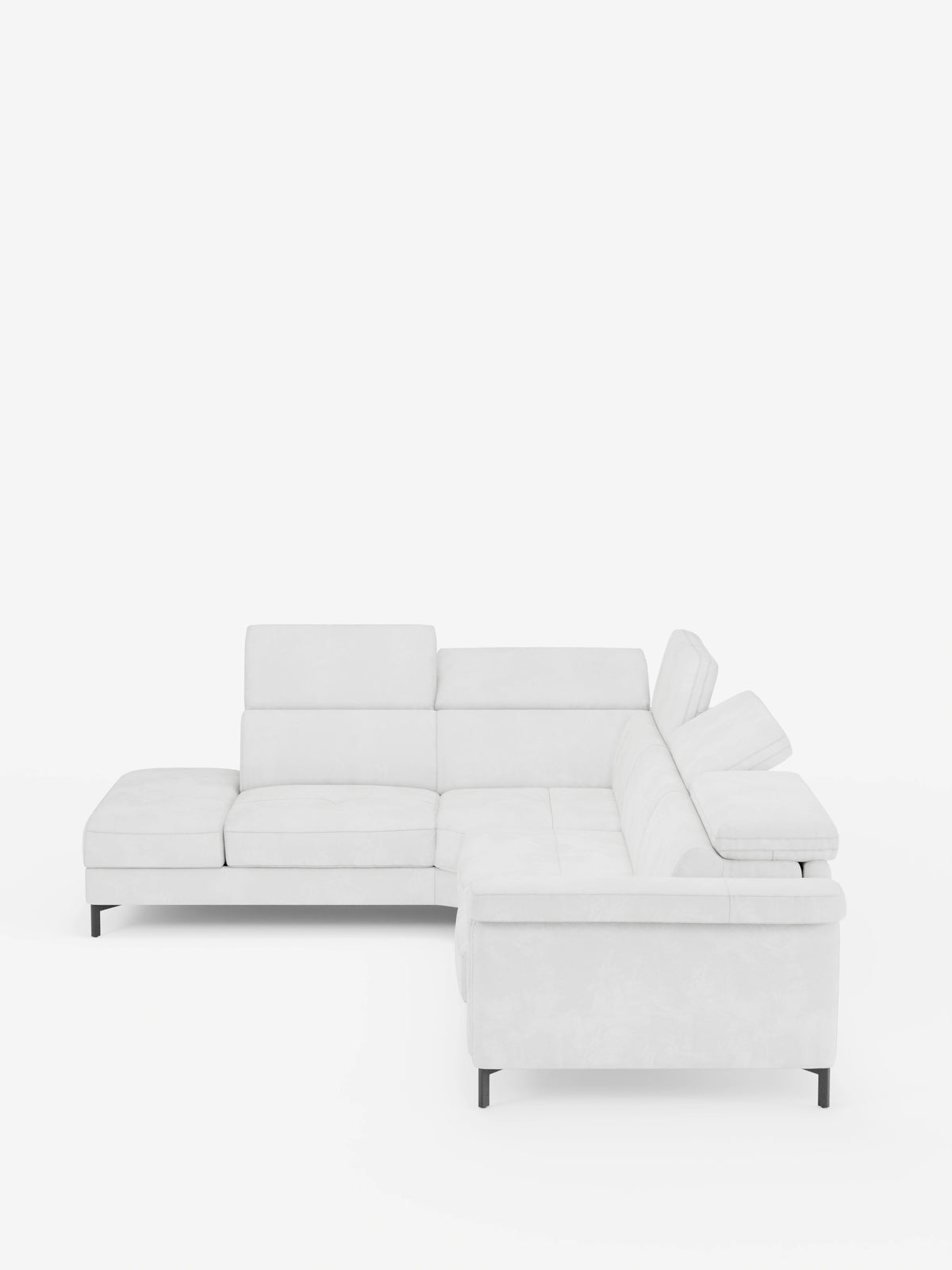 Il divano letto angolare Capri con poggiatesta reclinabili e materasso ad alte prestazioni in tessuto vellutino smacchiabile T30 di divitt.sbs è un moderno divano componibile a forma di L (divano angolare) presentato su uno sfondo bianco a tinta unita. Rivestito in tessuto bianco simile al velluto, facile da pulire, è dotato di poggiatesta regolabili, eleganti gambe nere e un design minimalista e moderno che offre ampi spazi per sedersi e valorizza qualsiasi ambiente contemporaneo.