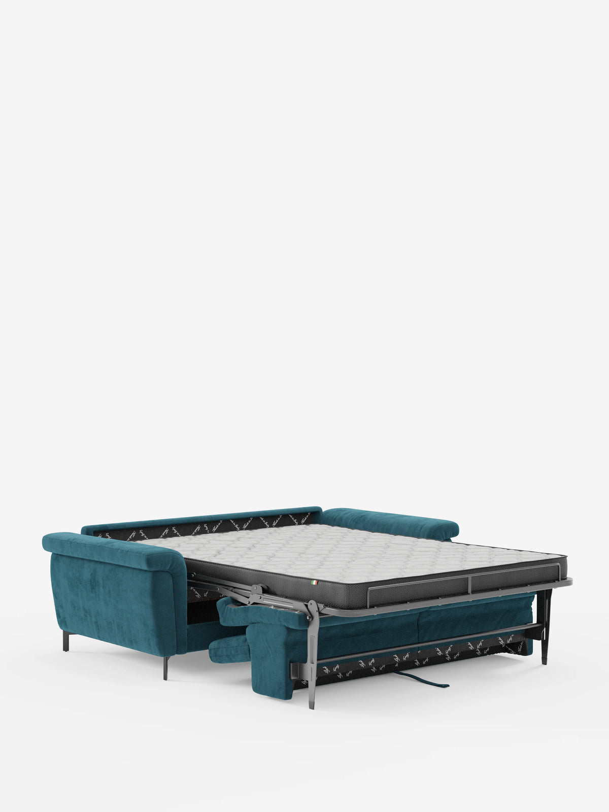 Il divano letto di design “Capri” di divitt.sbs, rivestito in raffinato tessuto T30 effetto velluto, resistente alle macchie, color verde acqua, è caratterizzato da gambe alte e poggiatesta regolabili. Nell'immagine è raffigurato parzialmente esteso, a rivelare un materasso su una robusta struttura in metallo, pronto per essere utilizzato come divano letto su uno sfondo bianco a tinta unita.
