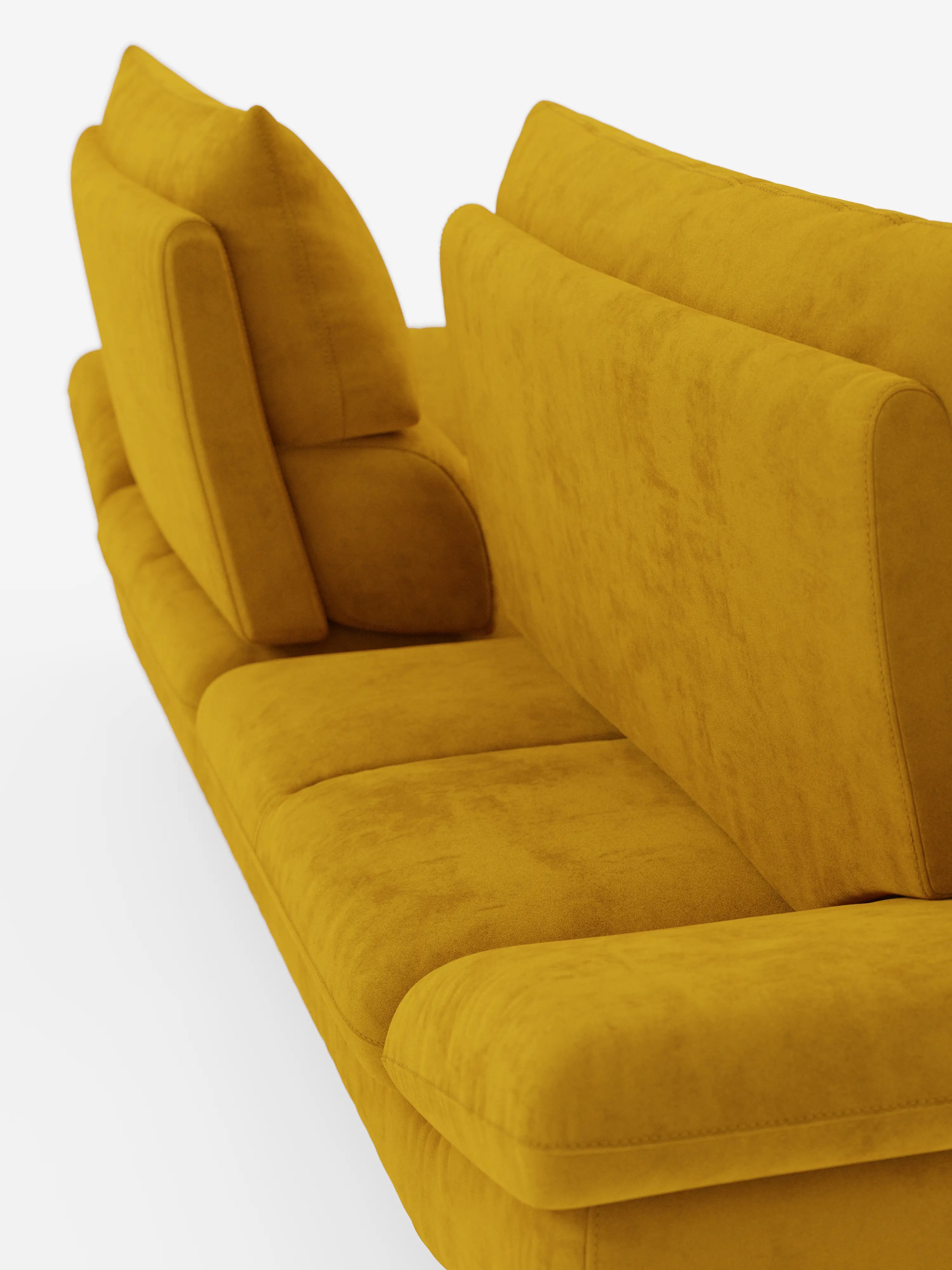 Un primo piano del divano Eclipse, dal design moderno, a 2 e 3 posti con schienali traslanti, di divitt.sbs, rivestito in elegante microfibra T11 giallo senape, resistente alle macchie, con gambe alte. Lo scatto, realizzato da dietro e leggermente dall’alto su uno sfondo bianco a tinta unita, mette in risalto i cuscini spessi e morbidi e gli schienali regolabili in inclinazione.