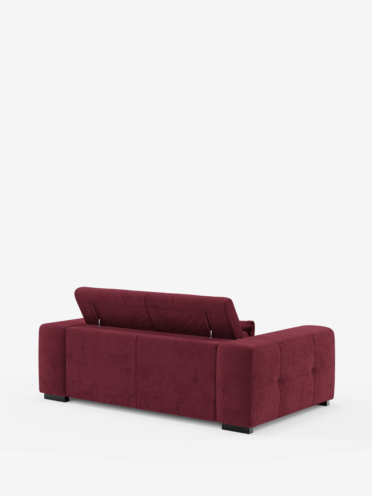 Il lussuoso divano Monarch Divano con Relax Elettrico per l’allungamento delle sedute e poggiatesta reclinabile in morbido tessuto smacchiabile T31 di divitt.sbs è raffigurato di retro su uno sfondo bianco. Il poggiatesta reclinabile di sinistra è sollevato, mentre quello di destra rimane abbassato. Questo divano dal design contemporaneo presenta ampi braccioli imbottiti e una linea squadrata con una delicata trapuntatura sui lati.