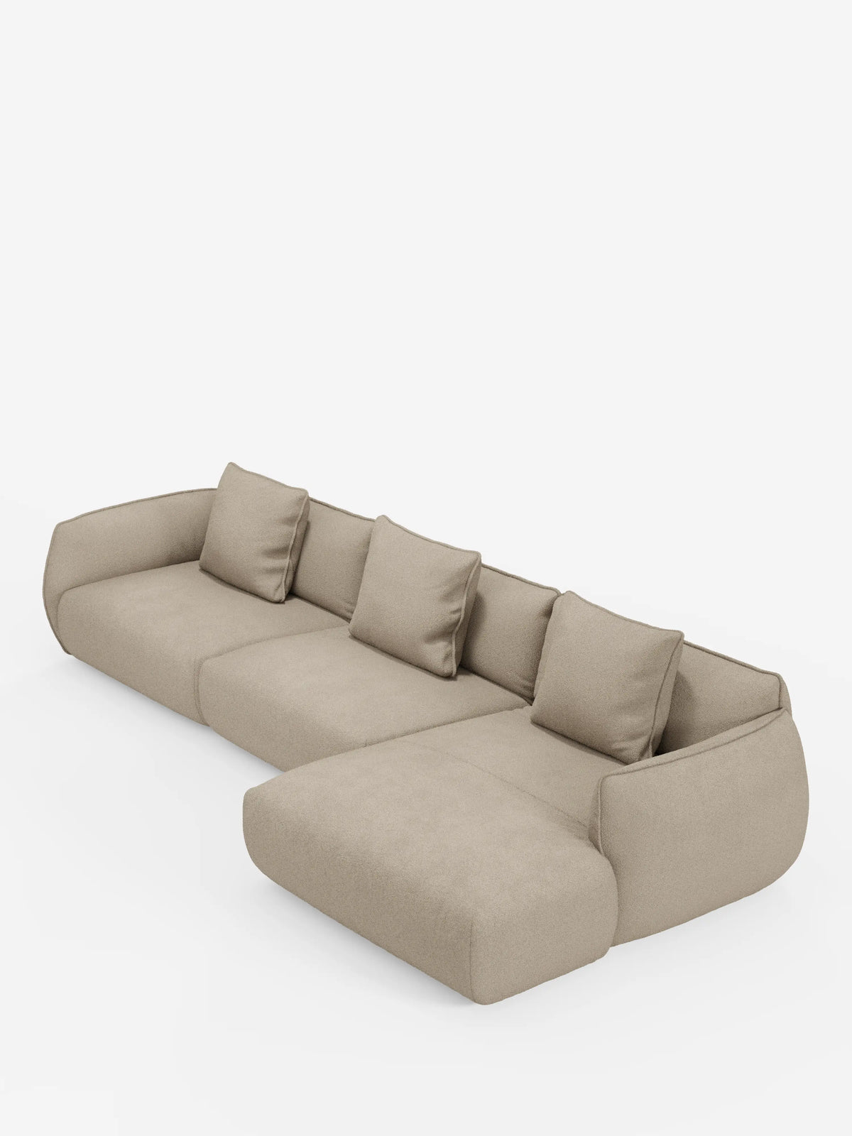 Vi presentiamo il divano angolare con penisola componibile Nimbus di divitt.sbs, rivestito in morbido tessuto effetto cotone T33, resistente alle macchie, in beige chiaro. Questo divano in stile moderno è dotato di quattro cuscini dello schienale e di una chaise longue allungata sul lato sinistro. I suoi bordi lisci e arrotondati e la silhouette minimalista lo rendono un complemento d’arredo perfetto per qualsiasi soggiorno contemporaneo, in particolare se abbinato a uno sfondo bianco a tinta unita.