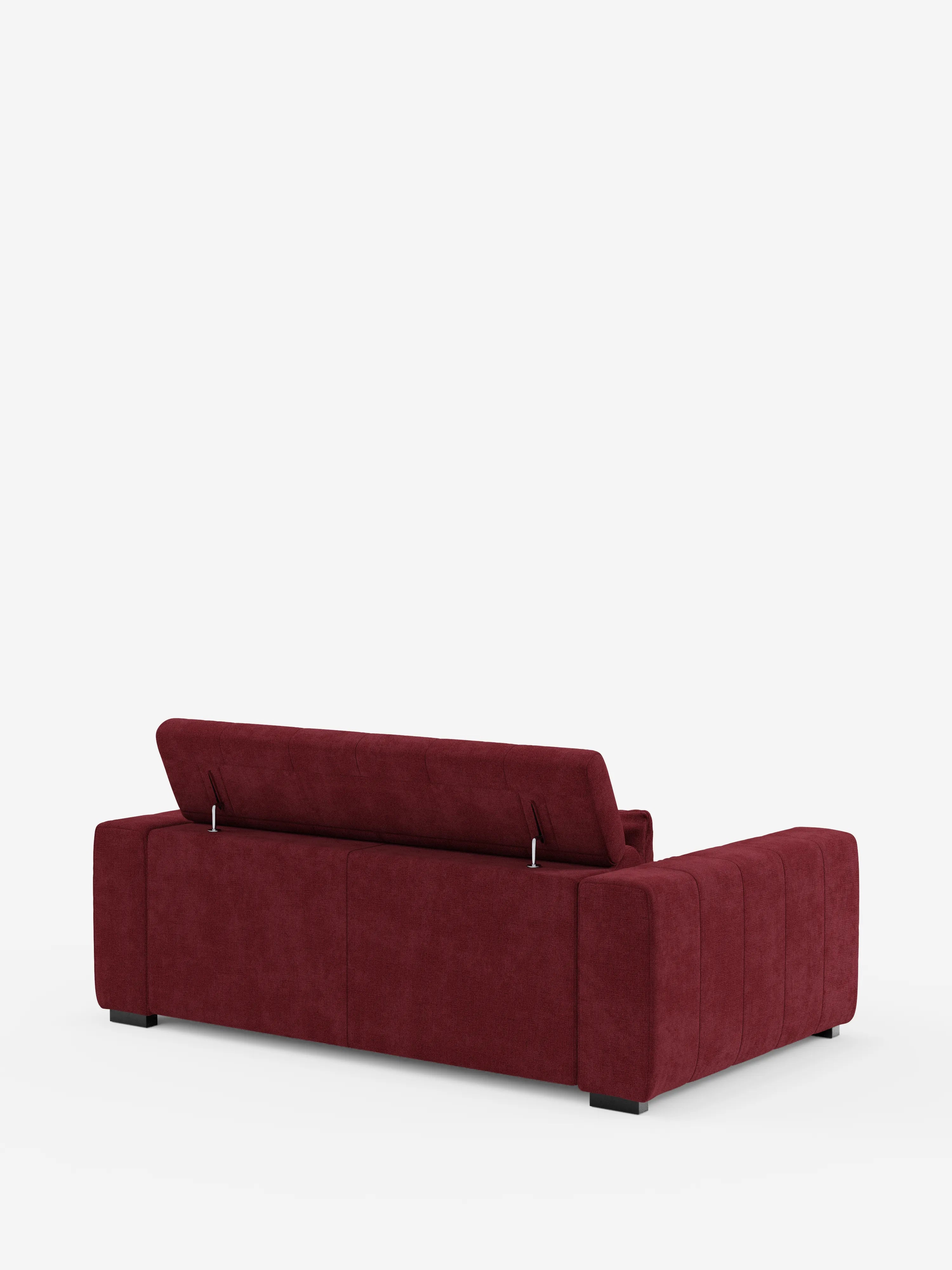 Un divano a 3 posti in stile dorico color bordeaux di divitt.sbs è ripreso da dietro su uno sfondo bianco. Lo schienale imbottito è parzialmente sollevato, rivelando un vano portaoggetti all’interno del divano. Questo modello dal design moderno è caratterizzato da linee rette e da sottili cuciture orizzontali, con sedute reclinabili elettricamente e un poggiatesta reclinabile in tessuto T23 resistente alle macchie.