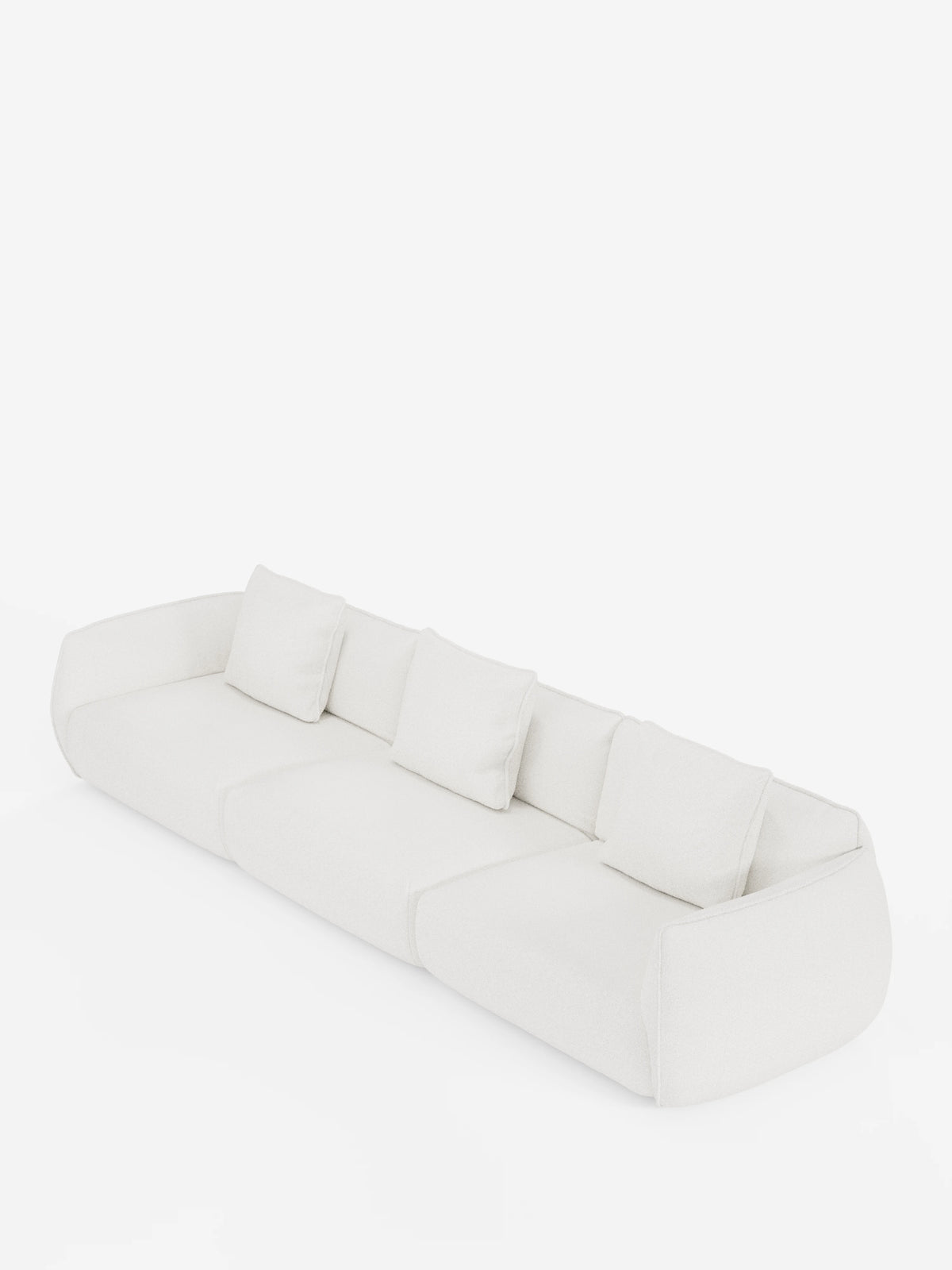 Un divano modulare Nimbus moderno e minimalista a 3 posti, realizzato da divitt.sbs, rivestito in morbido tessuto T33 effetto cotone, resistente alle macchie, di colore bianco. Il divano presenta tre ampie sedute, quattro cuscini quadrati abbinati, braccioli leggermente ricurvi e bordi morbidi e arrotondati, il tutto su uno sfondo bianco a tinta unita.