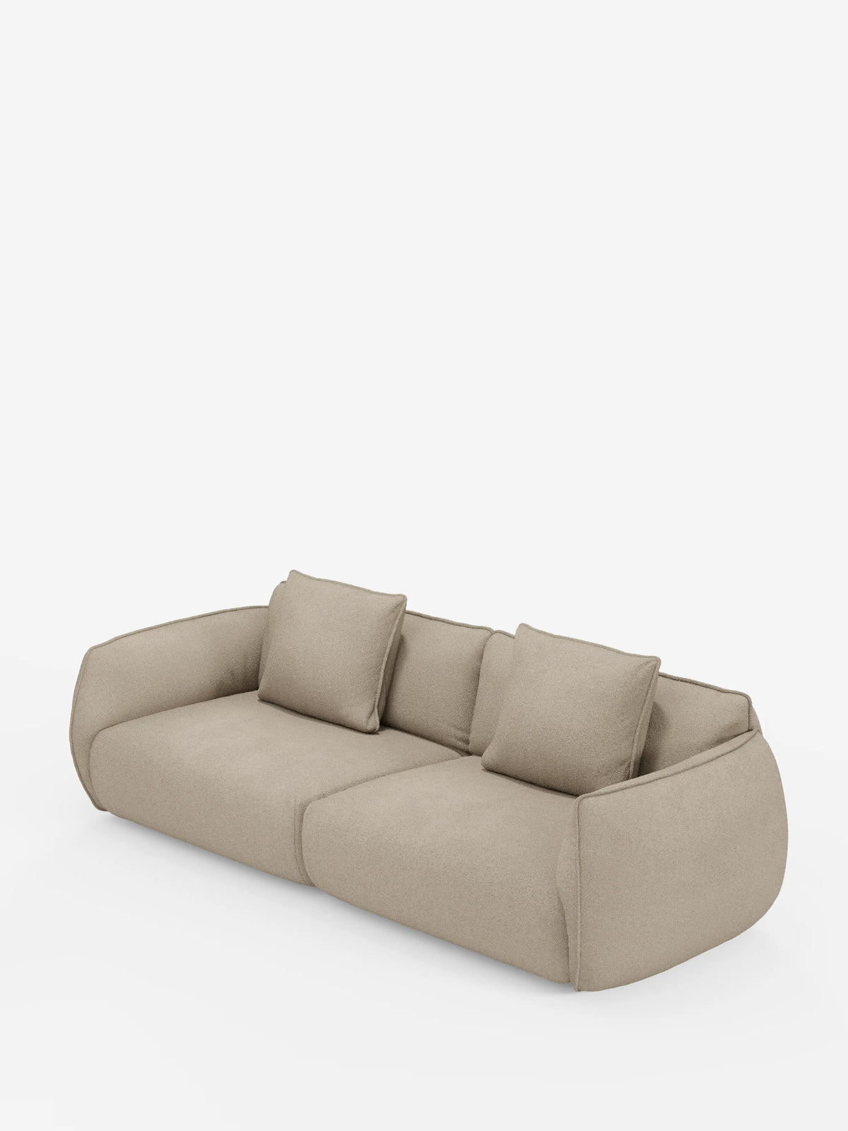 Un divano modulare e componibile Nimbus a 3 posti in stile minimalista, color beige, di divitt.sbs, lungo 250 cm, caratterizzato da bordi arrotondati e ampi braccioli. Rivestito in tessuto effetto cotone (t33) sfoderabile e antimacchia, comprende due cuscini di seduta e tre cuscini quadrati coordinati per lo schienale. Il divano modulare dal profilo basso presenta un rivestimento liscio e si distingue su uno sfondo bianco a tinta unita.