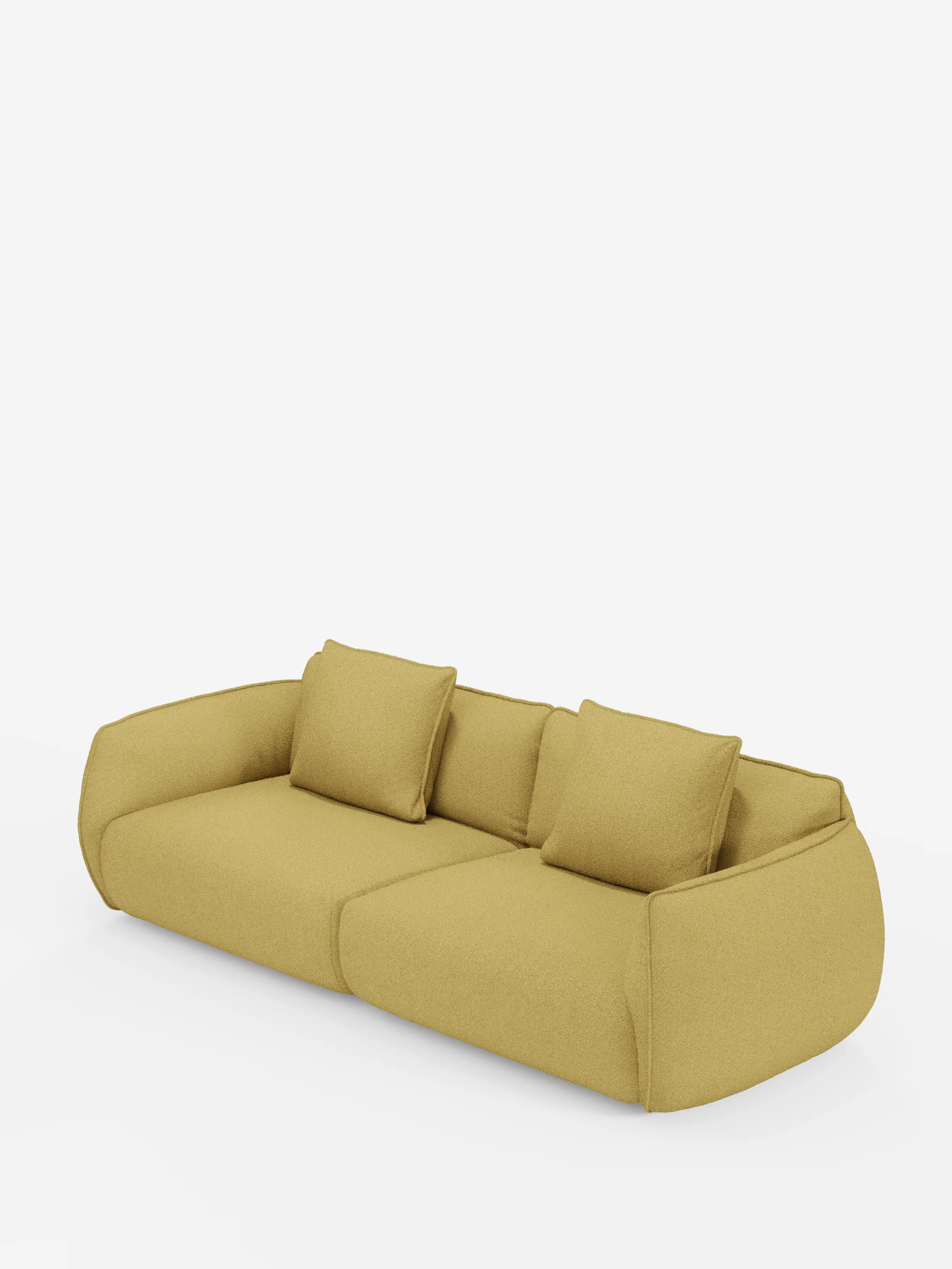 Il divano modulare a 3 posti Nimbus da 250 cm di divitt.sbs è un divano moderno dal profilo basso, rivestito in tessuto T33 color giallo senape, smacchiabile ed effetto cotone. Presenta bordi morbidi e arrotondati e include tre cuscini quadrati coordinati per lo schienale. Fotografato su uno sfondo bianco senza gambe visibili, il design crea un’atmosfera accogliente e confortevole.