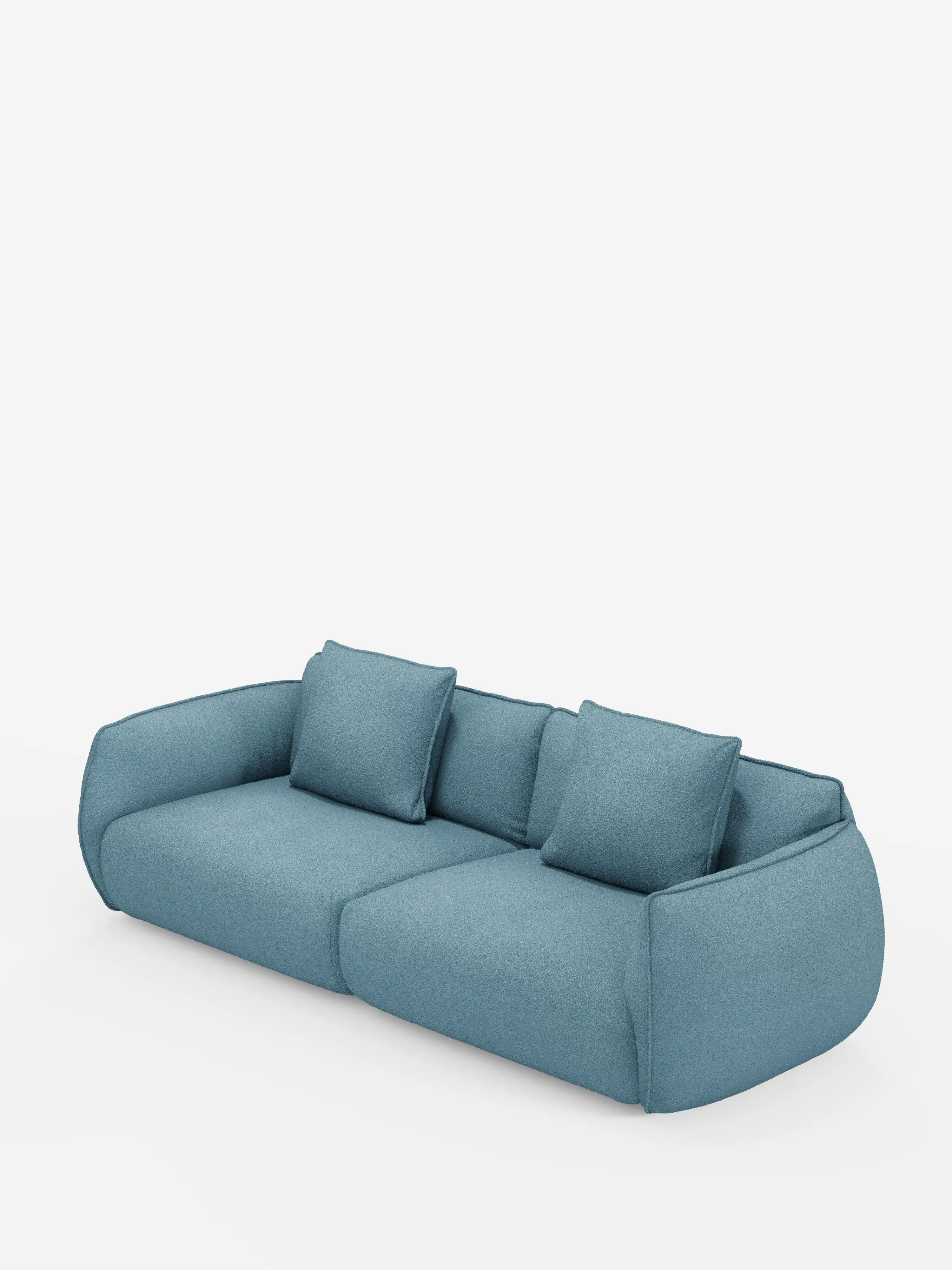 Un divano Nimbus a 3 posti, moderno e minimalista, di colore blu, modulare e componibile da 250 cm di divitt.sbs, con cuscini soffici e bordi morbidi e arrotondati, si stacca su uno sfondo bianco. Il divano presenta due sezioni principali di seduta e tre cuscini schienali coordinati sfoderabili, realizzati in tessuto effetto cotone (t33) resistente alle macchie, che conferiscono all’insieme un aspetto accogliente e invitante.