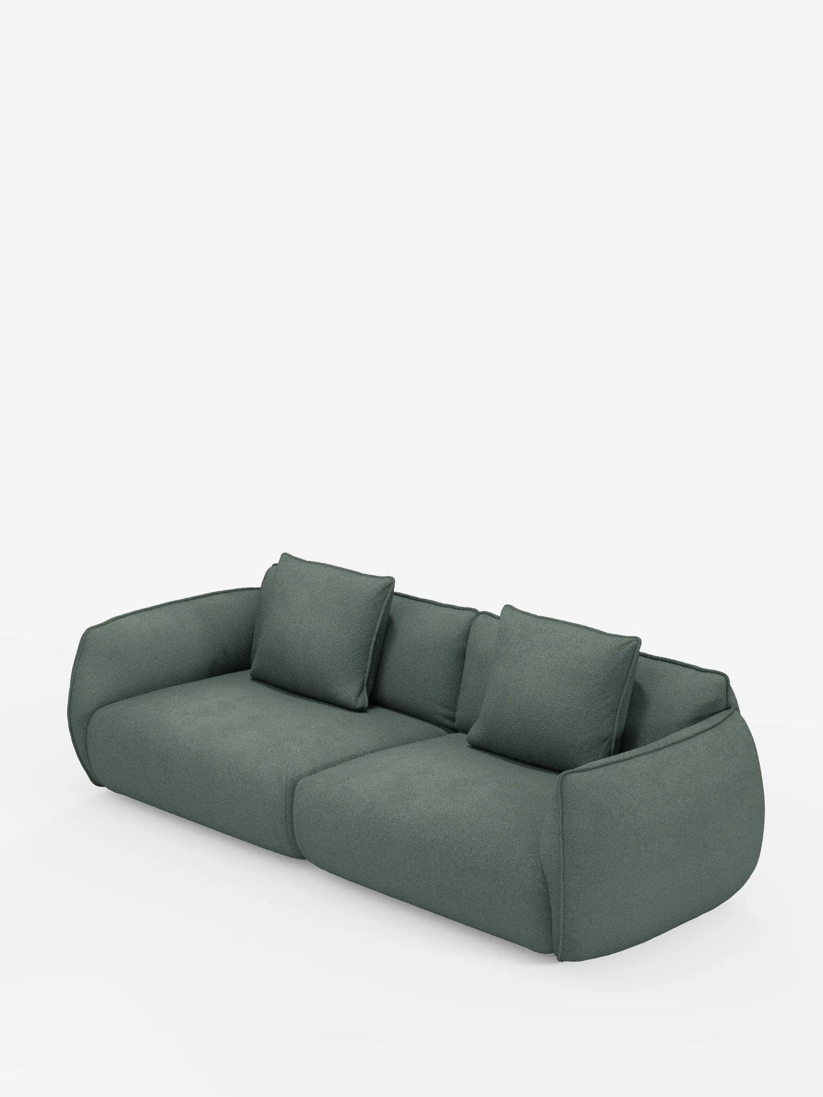 Un divano a 3 posti modulare e componibile Nimbus in verde scuro, 250 cm, di divitt.sbs, caratterizzato da un design dal profilo basso con bordi arrotondati e due ampi cuscini di seduta in tessuto effetto cotone (t33), sfoderabile e resistente alle macchie. Quattro cuscini quadrati coordinati sono disposti lungo lo schienale. Lo sfondo bianco a tinta unita esalta l’aspetto elegante del divano.