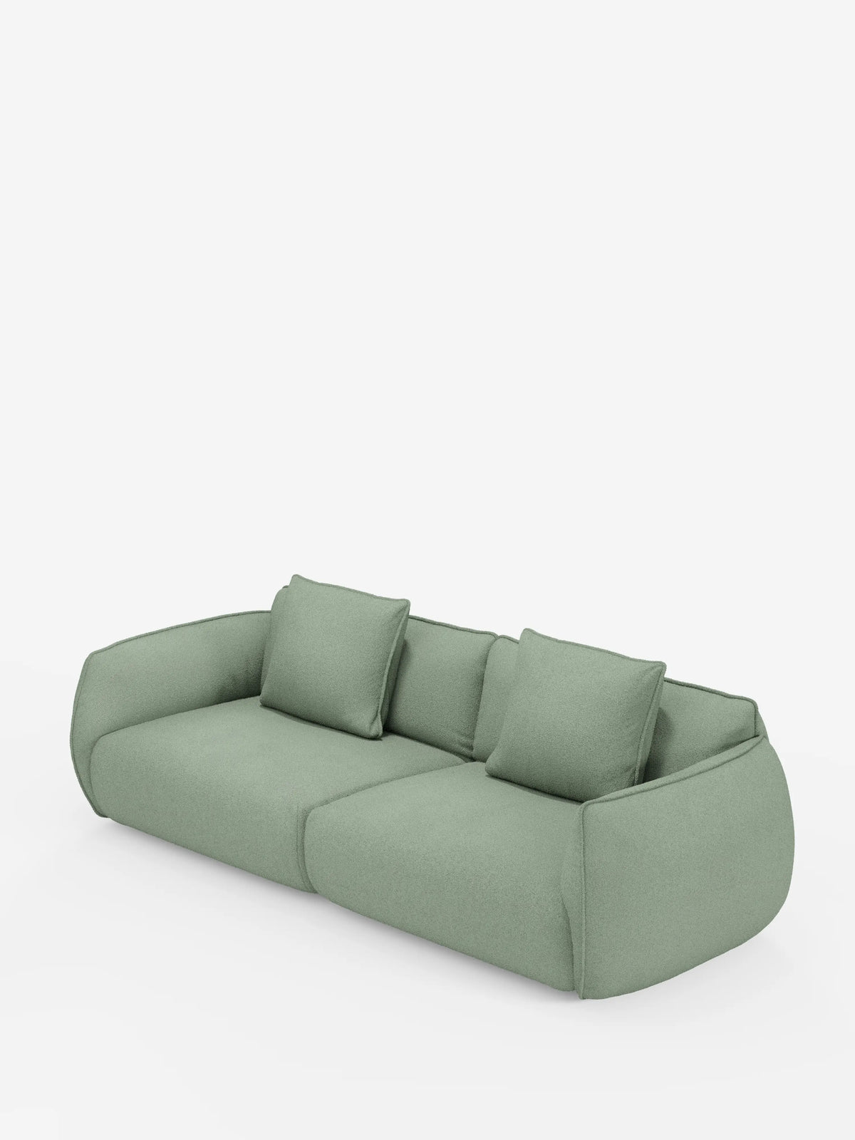 Il divano modulare e componibile Nimbus a 3 posti di divitt.sbs è presentato in un tessuto facile da pulire color verde chiaro, effetto cotone (t33). Questo divano moderno misura 250 cm ed è dotato di tre cuscini di seduta e tre cuscini schienale quadrati abbinati. Il design presenta bordi arrotondati e un profilo basso, su uno sfondo bianco a tinta unita senza altri mobili o elementi decorativi visibili.