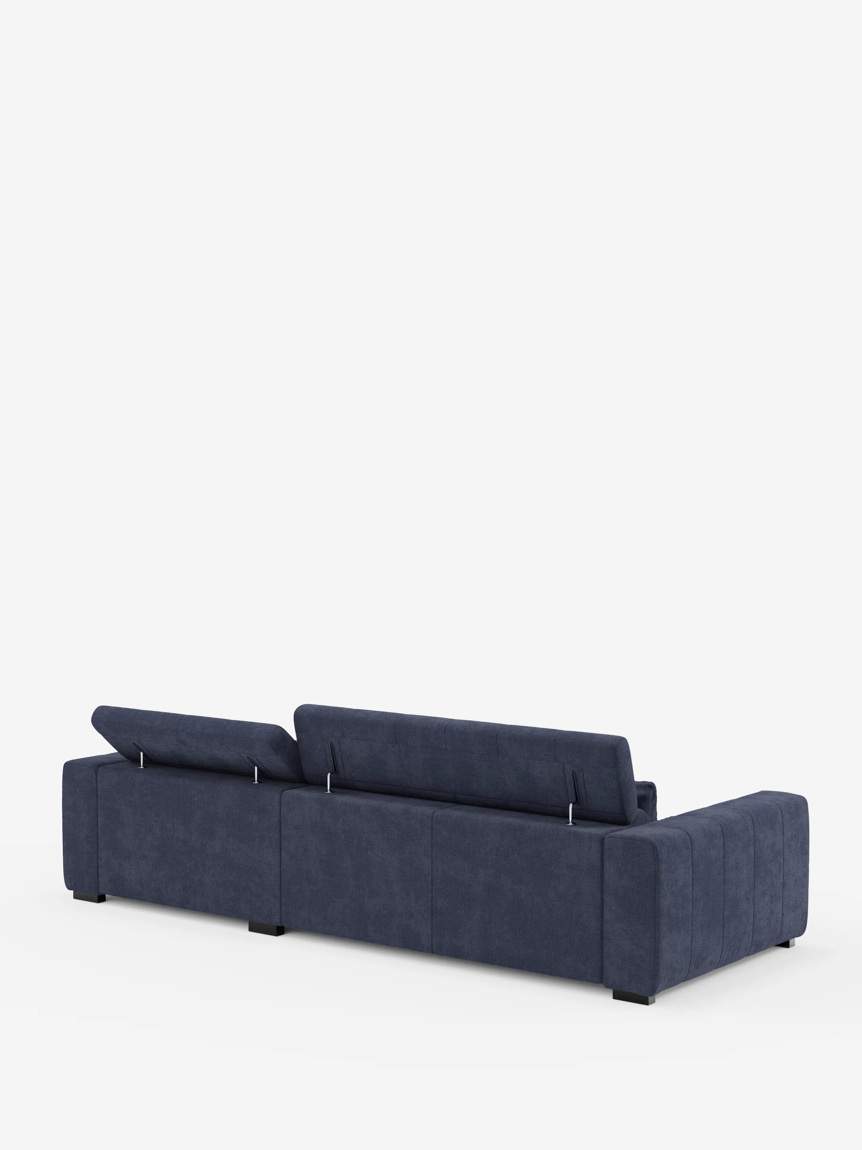 Vi presentiamo il divano angolare Doric con penisola e sedute allungabili con funzione relax elettrica di divitt.sbs. Questo moderno divano componibile a L presenta un design elegante in blu scuro, con poggiatesta regolabili e parzialmente rialzati e ampi braccioli imbottiti per un comfort ottimale. Rivestito in morbido tessuto T23 resistente alle macchie, offre sedute allungabili elettricamente per un relax ancora maggiore. Il prodotto è presentato su uno sfondo bianco a tinta unita.