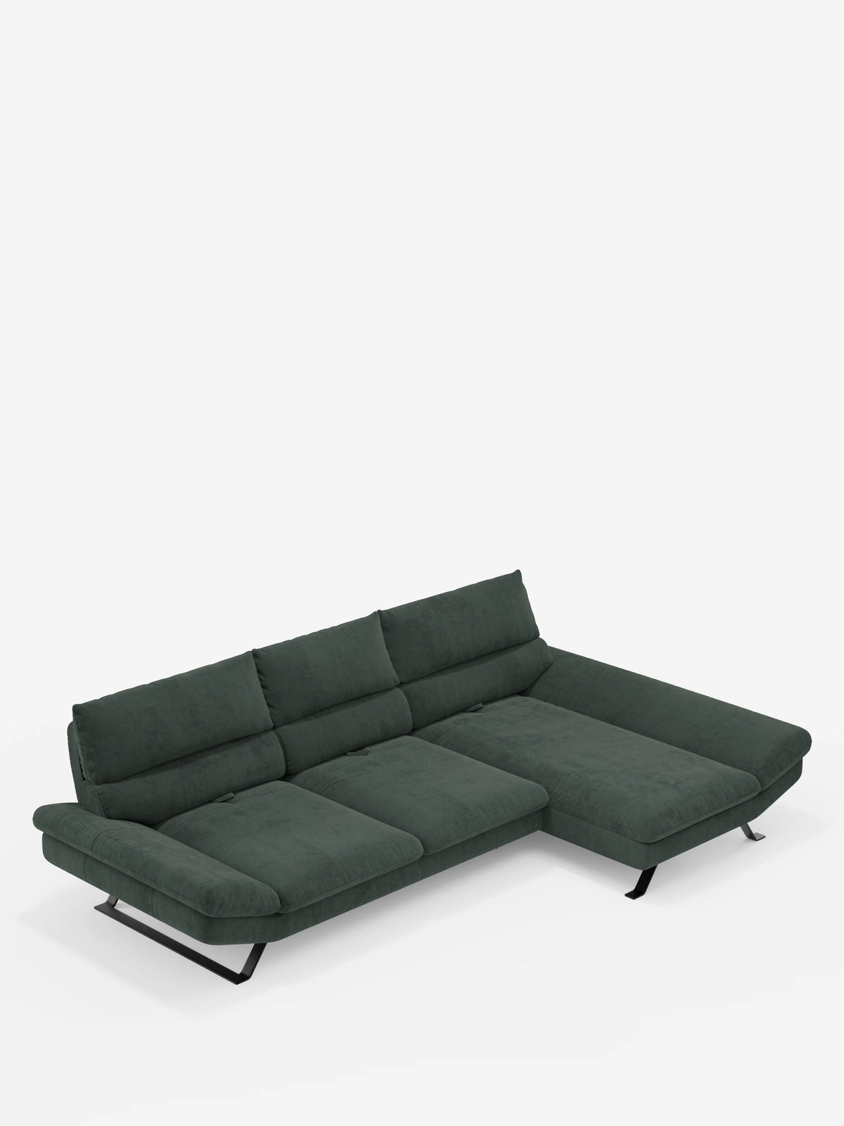 Il divano angolare Eclipse con penisola e schienali traslanti in microfibra tecnica smacchiabile T11 di divitt.sbs è un divano componibile moderno, di colore verde scuro, con chaise longue orientata a destra. È dotato di tre cuscini schienale e di eleganti gambe angolari in metallo nero, il tutto su uno sfondo bianco a tinta unita. Il design minimalista vanta un rivestimento in morbida microfibra resistente alle macchie e pratici schienali traslanti per un comfort ancora maggiore.