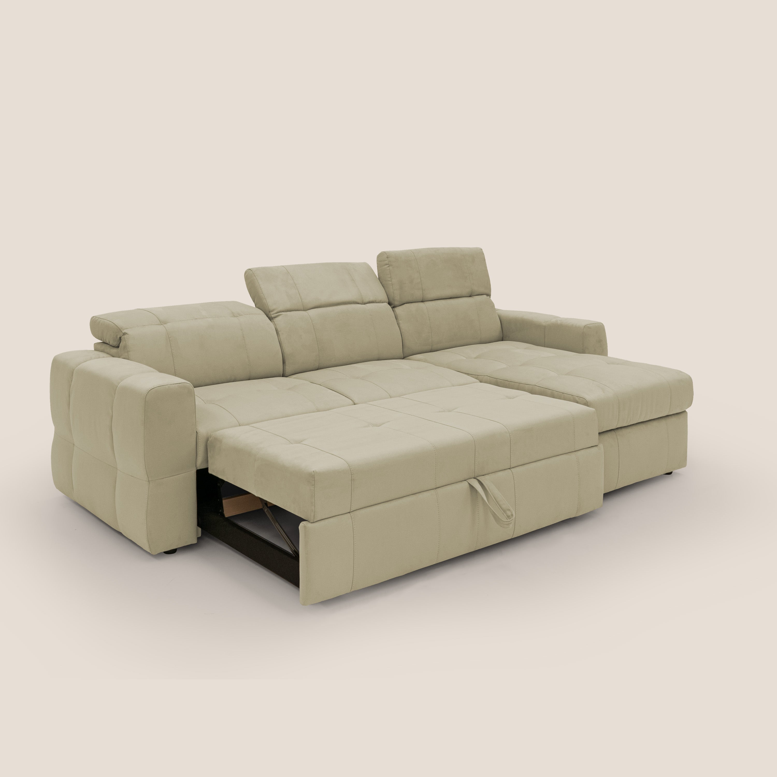 Kronos Divano angolare con pouf estraibile e penisola contenitore in microfibra impermeabile T11 beige - divitt.sbs