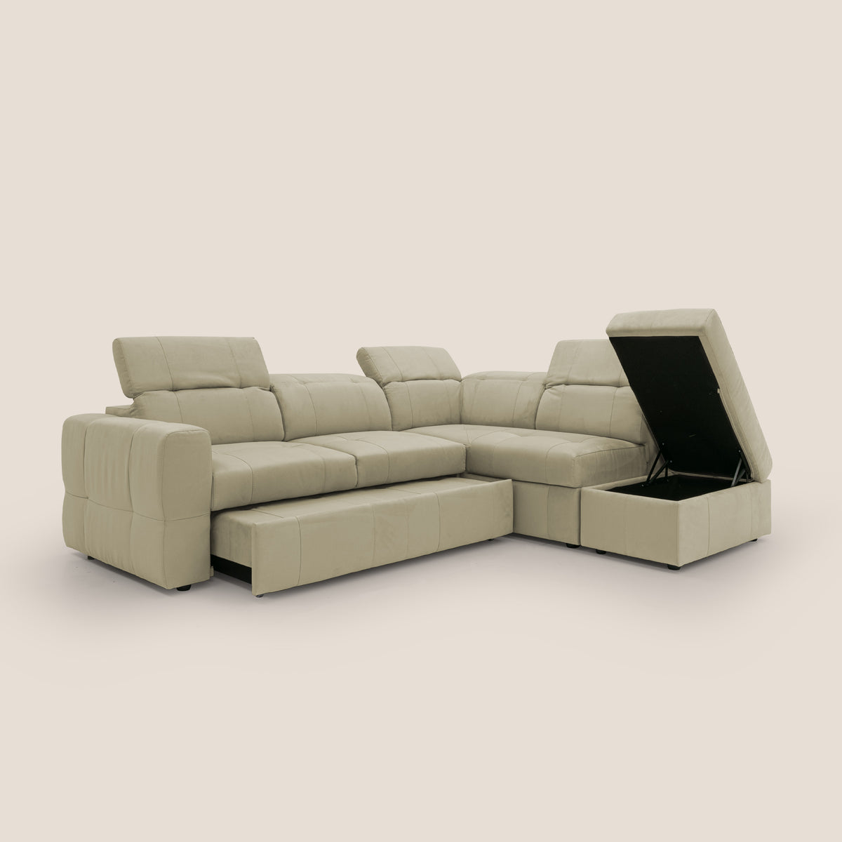 Kronos Divano angolare con poggiapiedi estraibile e pouf contenitore mobile in microfibra impermeabile T11 beige - divitt.sbs