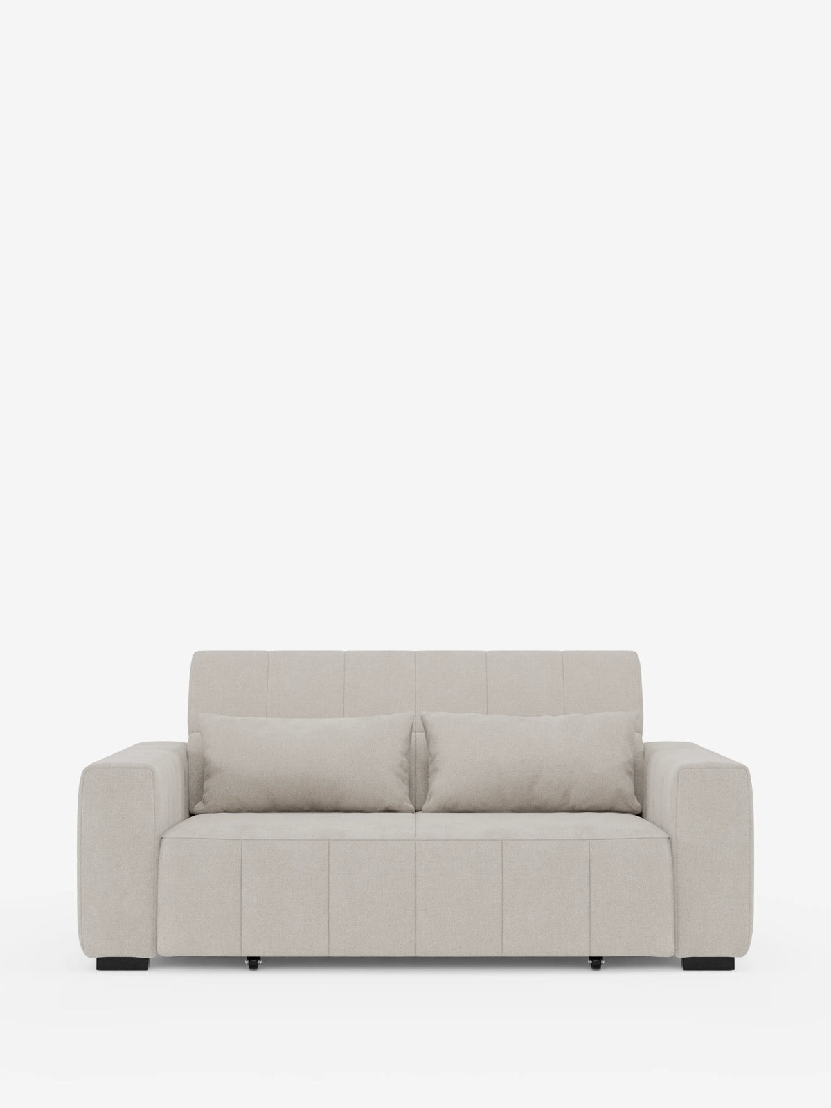 Un divano a tre posti “Doric” in stile contemporaneo color beige di divitt.sbs, dotato di sedute estensibili con funzione di relax elettrica e poggiatesta reclinabili in tessuto T23 antimacchia, spicca su uno sfondo bianco a tinta unita. Il divano presenta ampi braccioli, due cuscini di seduta, due cuscini dello schienale abbinati, gambe corte nere e linee pulite e minimaliste.