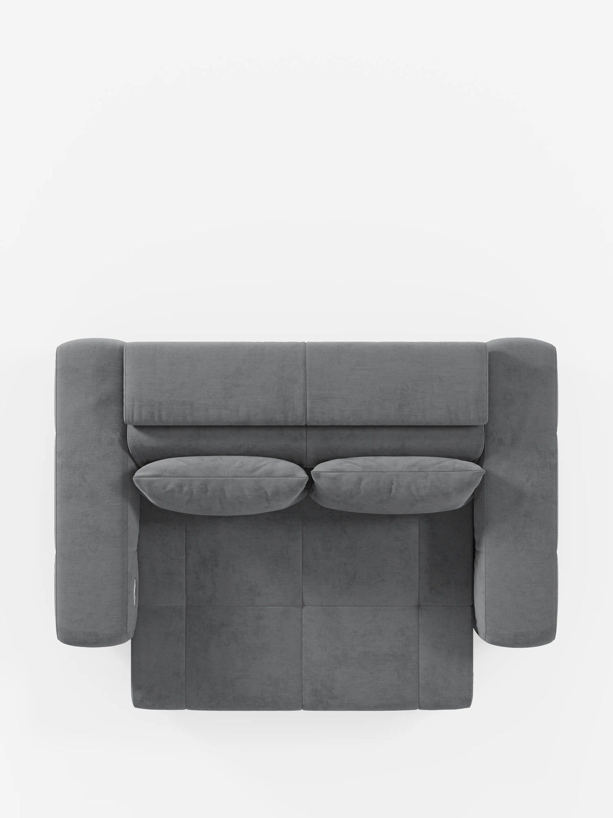 Vista dall'alto del divano Monarch con funzione relax elettrica per l'allungamento delle sedute e poggiatesta reclinabile di divitt.sbs, che mette in risalto il suo design moderno in grigio con sedute quadrate e due cuscini rettangolari abbinati. Questo divano è caratterizzato da ampi braccioli e da un’estetica pulita e minimalista, realizzata in morbido tessuto T31 resistente alle macchie, che risalta su uno sfondo bianco a tinta unita.