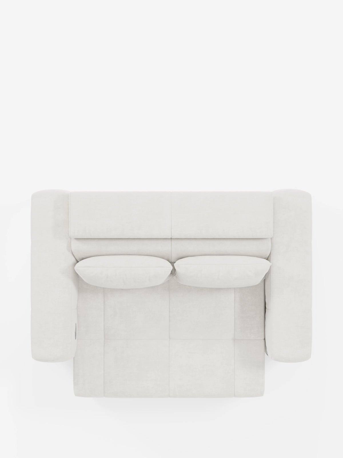 Una vista dall'alto del divano Monarch con funzione relax elettrica per l'allungamento delle sedute e poggiatesta reclinabile di divitt.sbs, caratterizzato da un design moderno in grigio chiaro, realizzato in morbido tessuto T31 resistente alle macchie, con due cuscini di seduta rettangolari e ampi braccioli cilindrici, su sfondo bianco.