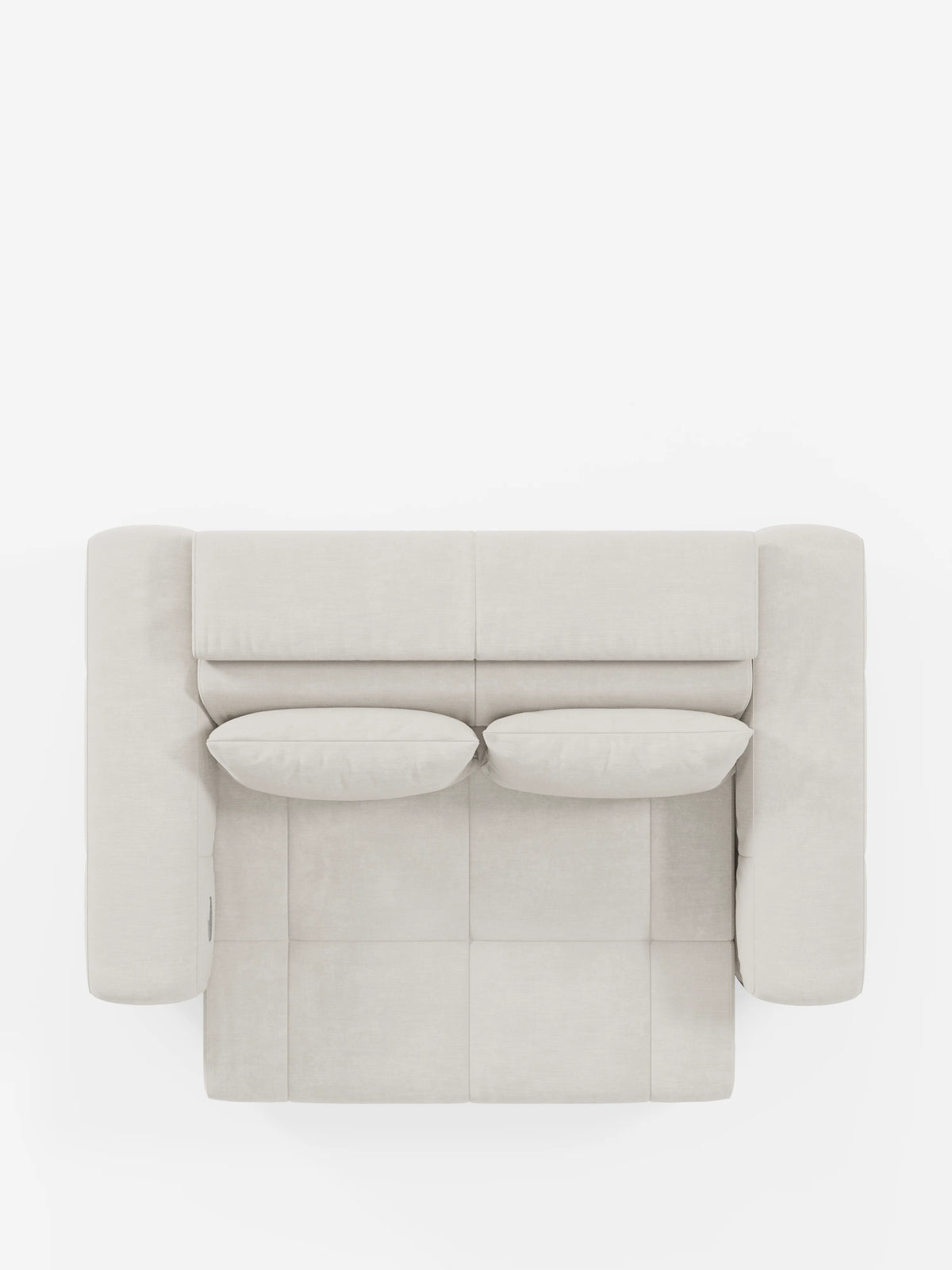 Vista dall’alto del divano Monarch con funzione relax elettrica per l’allungamento delle sedute e poggiatesta reclinabile di divitt.sbs, presentato con rivestimento morbido T31 in beige chiaro, facile da pulire. Questo divano moderno presenta due cuscini di seduta, due cuscini dello schienale rettangolari e ampi braccioli imbottiti, il tutto su uno sfondo bianco a tinta unita. Il design è caratterizzato da linee pulite e dritte e da una texture morbida e invitante.