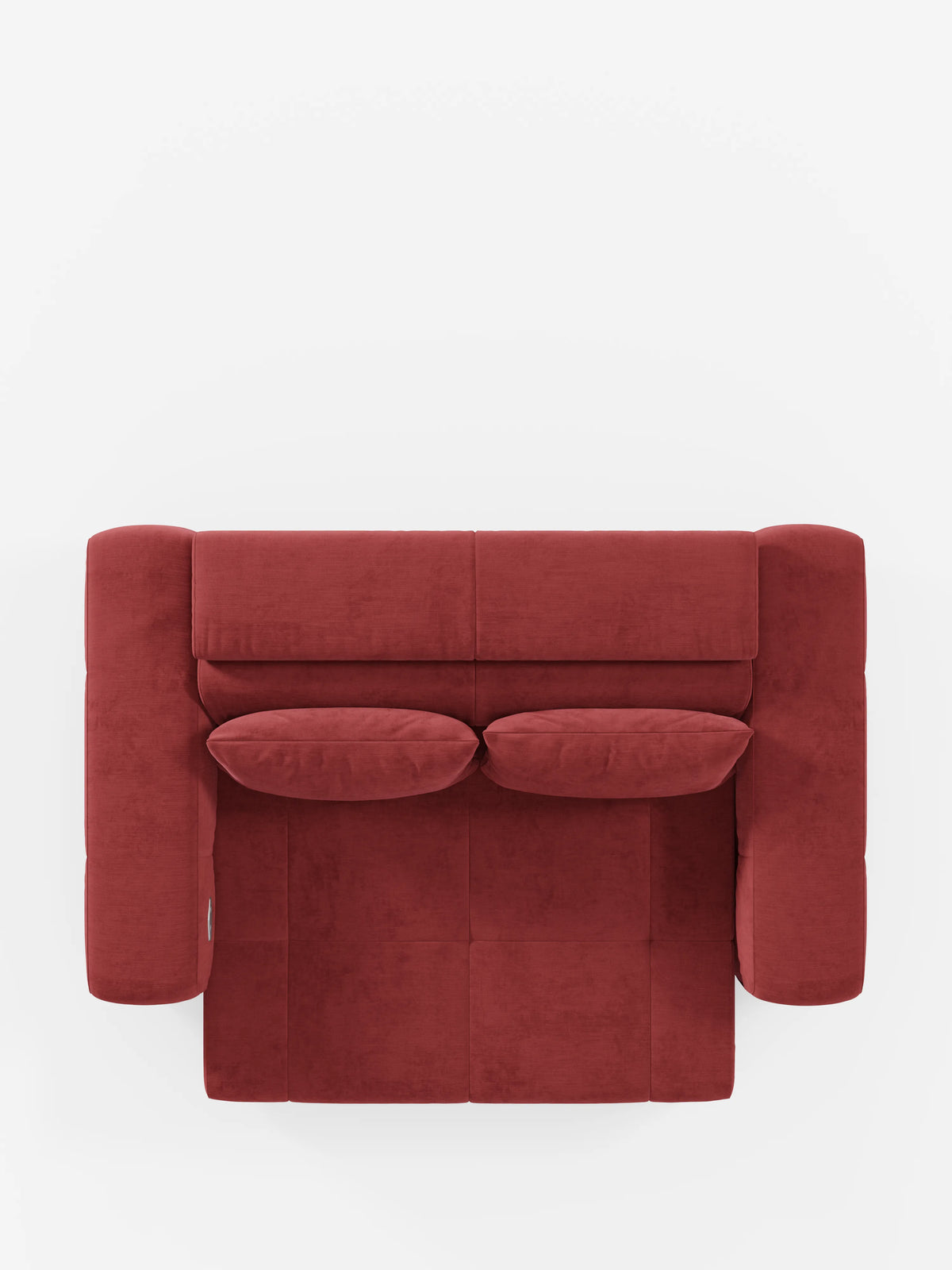 Una vista dall'alto del divano Monarch con funzione relax elettrica per l'allungamento delle sedute e poggiatesta reclinabile in morbido tessuto smacchiabile T31 di divitt.sbs, un moderno divano rettangolare rosso con due cuscini abbinati, il tutto su uno sfondo bianco a tinta unita. Questo divano contemporaneo si contraddistingue per le linee pulite e l’aspetto lussuoso e imbottito.