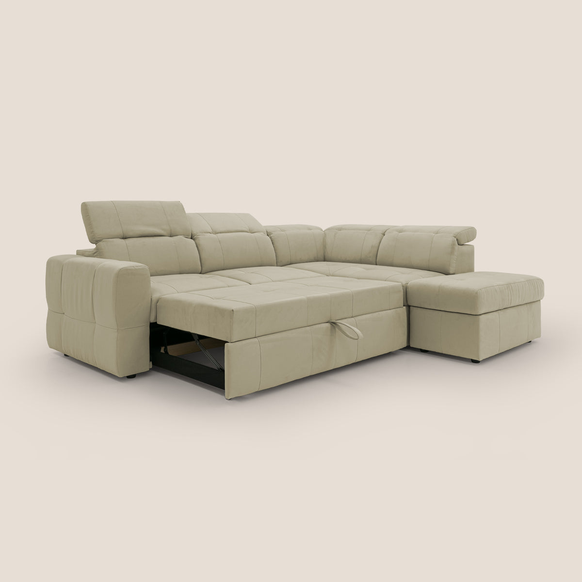 Kronos Divano angolare con poggiapiedi estraibile e pouf contenitore mobile in microfibra impermeabile T11 beige - divitt.sbs