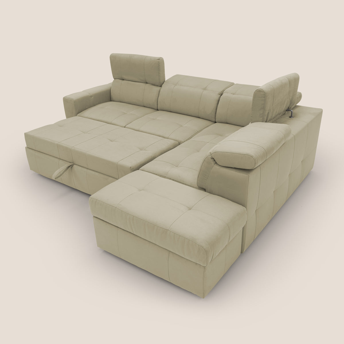 Kronos Divano angolare con poggiapiedi estraibile e pouf contenitore mobile in microfibra impermeabile T11 beige - divitt.sbs