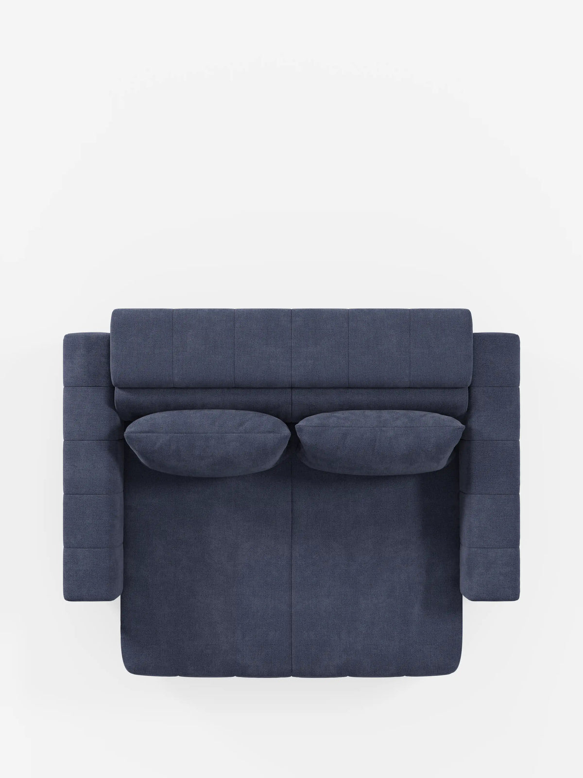 Vista dall'alto del divano dorico a 3 posti di divitt.sbs, mostrato completamente esteso con le sedute allungabili tramite meccanismo relax elettrico e il poggiatesta reclinabile. Questo moderno divano blu scuro presenta braccioli squadrati, uno schienale imbottito e due cuscini coordinati, tutti rivestiti in tessuto smacchiabile T23 per una facile manutenzione. Presentato su uno sfondo bianco a tinta unita.