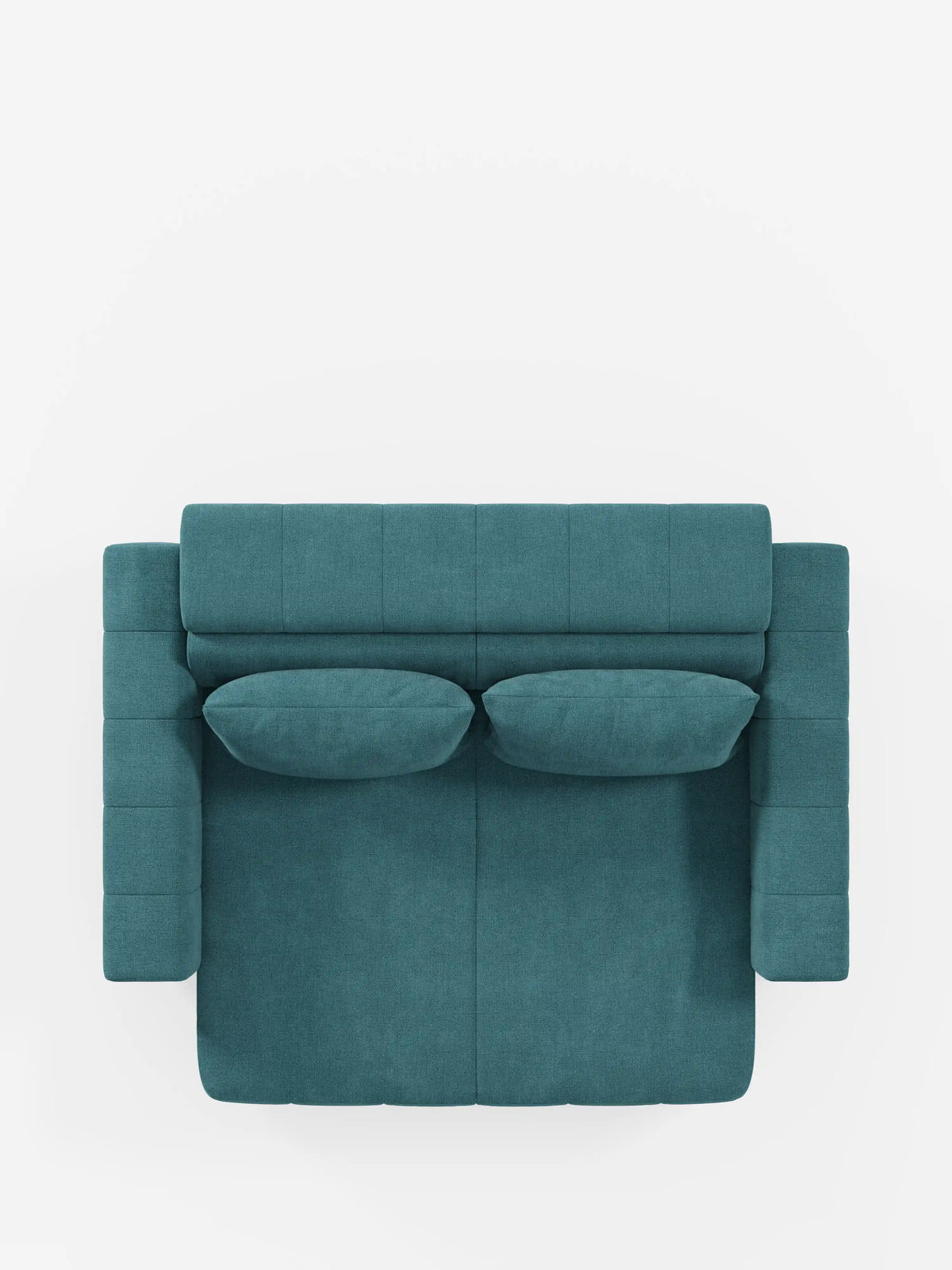 Vista dall’alto del divano dorico a 3 posti di divitt.sbs, rivestito in tessuto T23 color verde acqua resistente alle macchie, con un moderno design dai braccioli squadrati e due cuscini coordinati, su sfondo bianco. Questo divano presenta un rivestimento a motivo a griglia sia sullo schienale che sui braccioli, oltre a sedute estensibili tramite reclinazione elettrica e poggiatesta regolabili, fondendo perfettamente lo stile contemporaneo con un comfort migliorato.