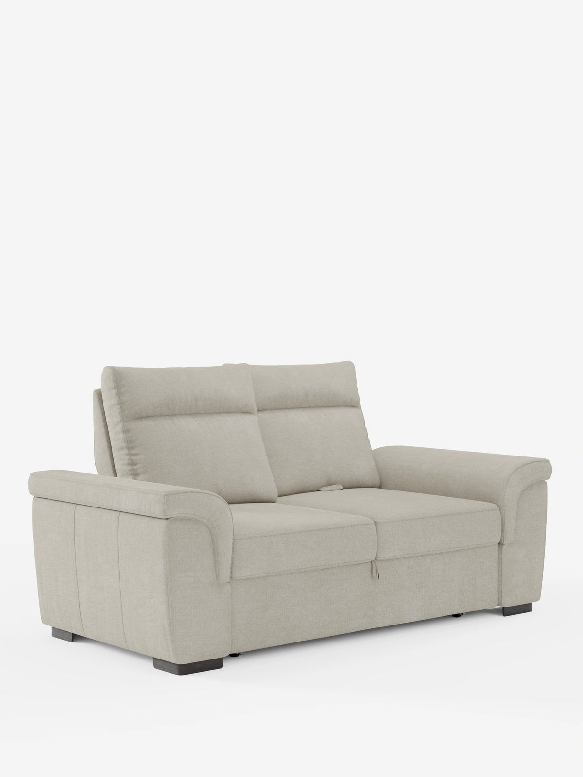Ischia, divano a tre posti con pouf estraibile e schienali scorrevoli in tessuto misto lino antimacchia: un divano a tre posti color beige chiaro con due cuscini dello schienale, braccioli bassi e ricurvi e un pouf estraibile a scomparsa su sfondo bianco.