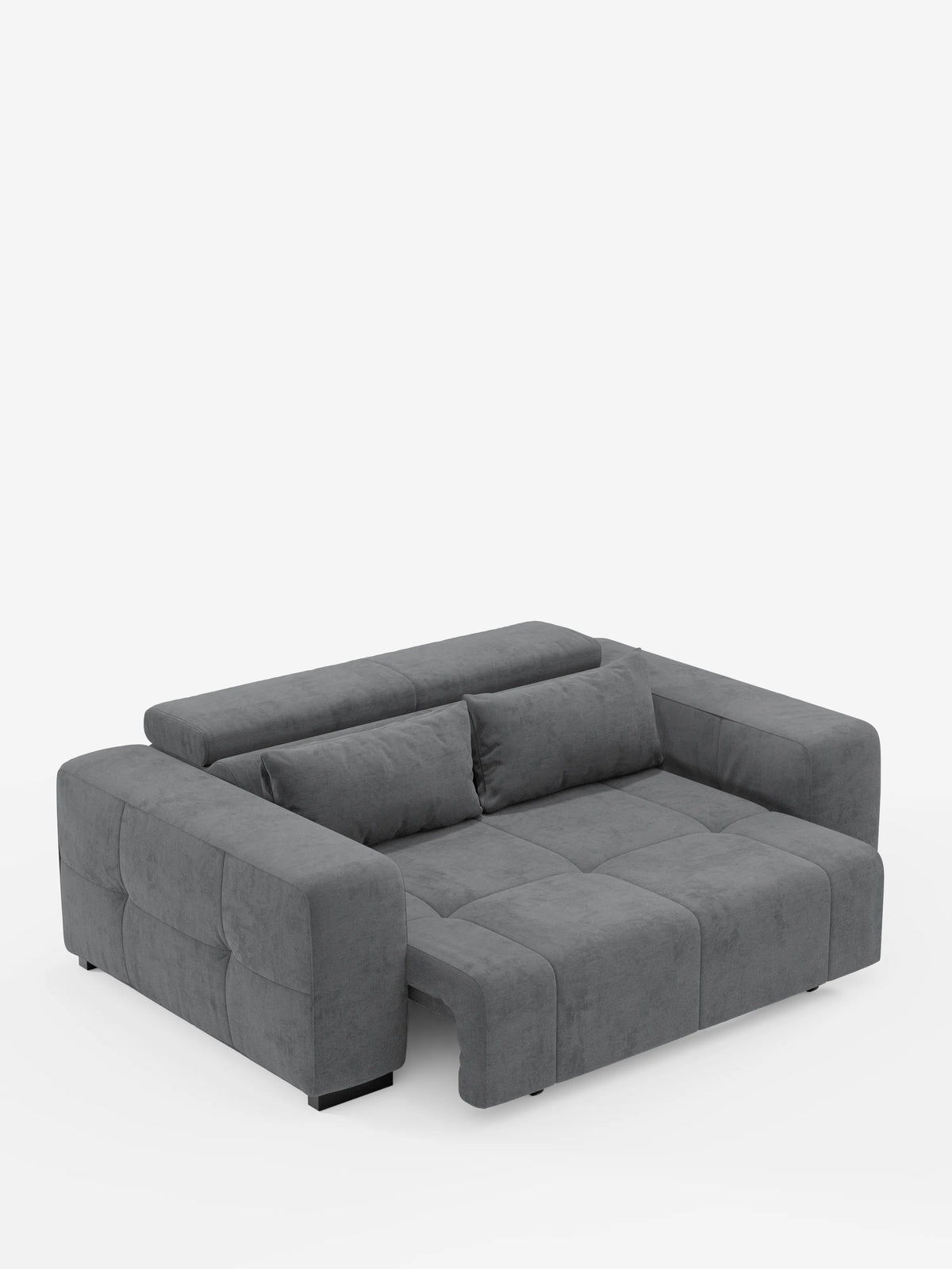 Il divano Monarch con relax elettrico di divitt.sbs è un moderno divano angolare realizzato in morbido tessuto smacchiabile T31 color grigio scuro, caratterizzato da ampi braccioli e sedute con cuciture trapuntate. Questo divano offre la funzione relax elettrica per l’allungamento delle sedute e i poggiatesta reclinabili, creando una superficie simile a un letto, mentre due cuscini coordinati poggiano sullo schienale. Appoggiato su bassi piedini neri, il divano risalta su uno sfondo bianco.