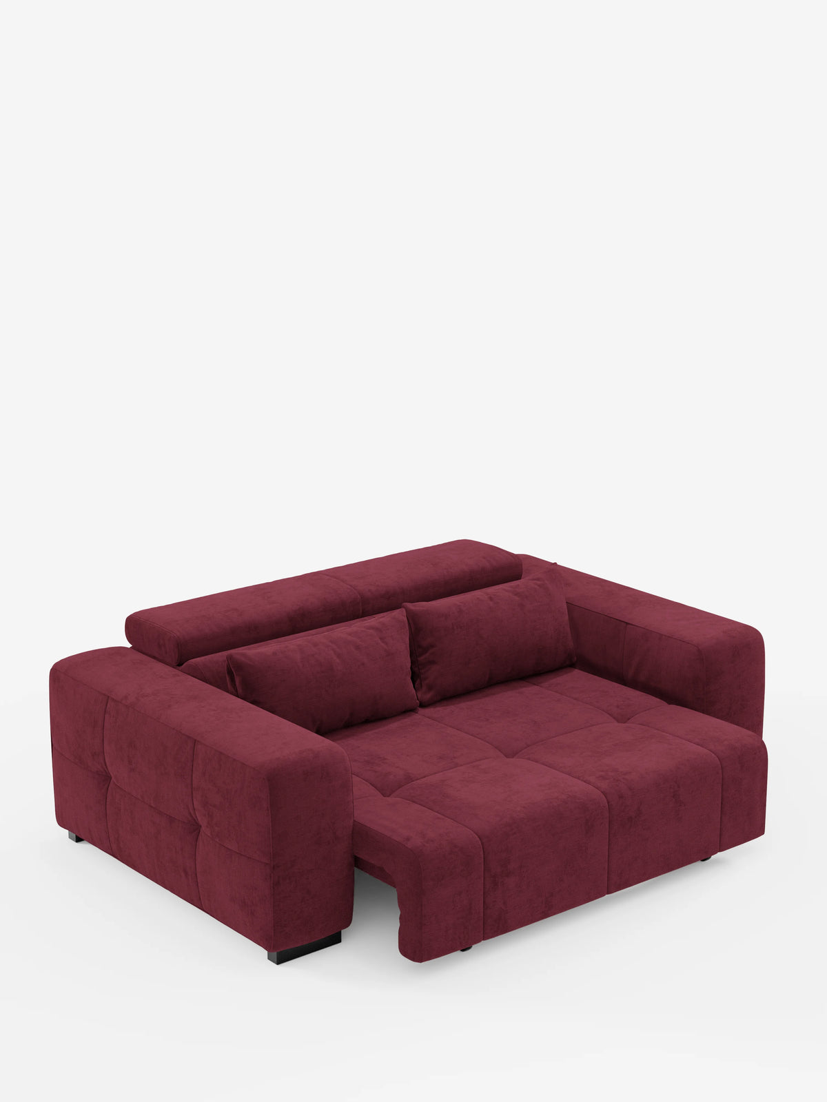 Un divano contemporaneo Monarch con funzione relax elettrica per l’allungamento delle sedute e poggiatesta reclinabile di divitt.sbs, rivestito in morbido tessuto T31 antimacchia color bordeaux intenso. Questo moderno divano letto componibile è caratterizzato da schienale e braccioli bassi, con sedute allungabili elettricamente e poggiatesta regolabile per creare un'ampia zona notte. Immagine raffigurata su sfondo bianco a tinta unita.