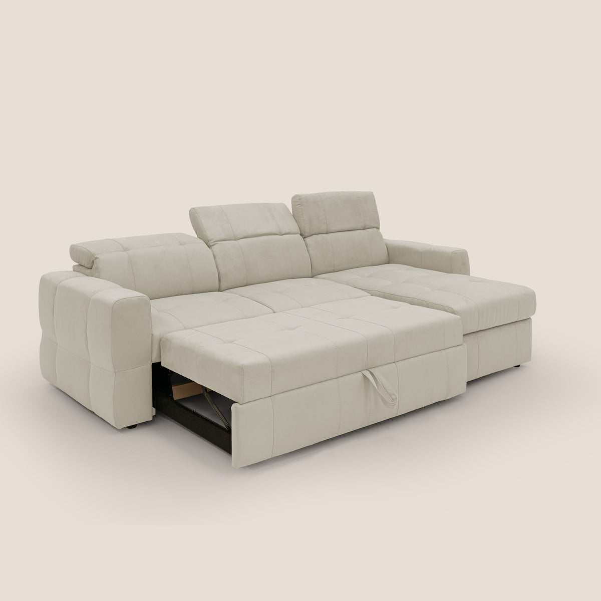Kronos Divano angolare con pouf estraibile e penisola contenitore in microfibra impermeabile T11 panna - divitt.sbs