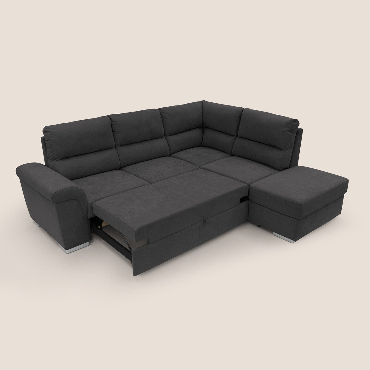 Minerva divano angolare con estraibile a cassettone e pouf contenitore in tessuto morbido impermeabile T02 nero - divitt.sbs