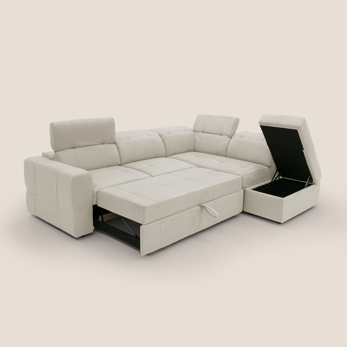 Kronos Divano angolare con poggiapiedi estraibile e pouf contenitore mobile in microfibra impermeabile T11 panna - divitt.sbs