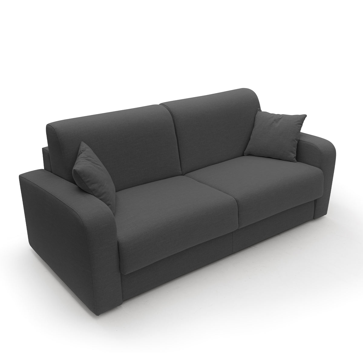 Il divano letto matrimoniale Lebron di divitt.sbs è un moderno divano letto italiano, largo 176 cm (con materasso da 120x197 cm), rivestito in tessuto antracite ecosostenibile. Presentato su uno sfondo bianco, è caratterizzato da ampi braccioli, due cuscini di seduta, due cuscini di schienale e due cuscini decorativi abbinati. Il suo design contemporaneo e minimalista si distingue per i bordi morbidi e arrotondati e per una struttura realizzata nel rispetto dell’ambiente.