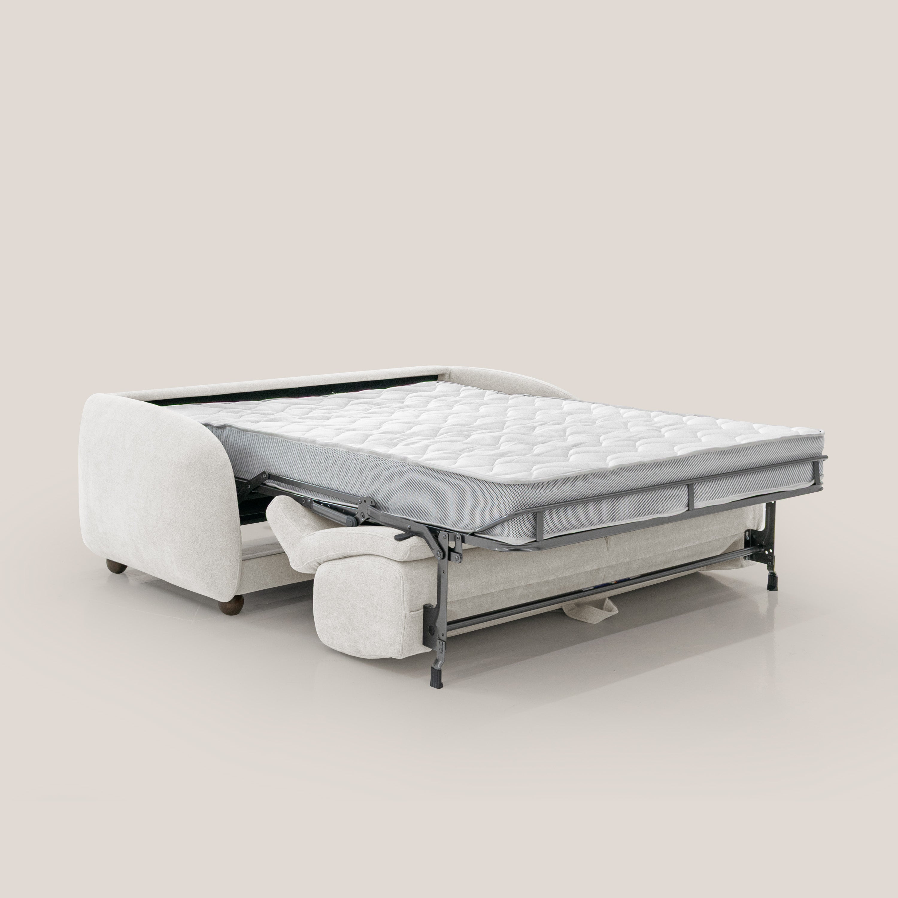 Giglio divano letto scandinavo japandi con materasso H18 cm in tessuto Bouclé impermeabile T07 bianco - divitt.sbs