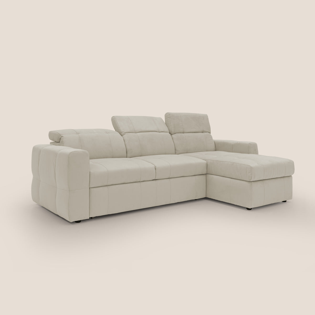 Kronos Divano angolare con pouf estraibile e penisola contenitore in microfibra impermeabile T11 panna - divitt.sbs
