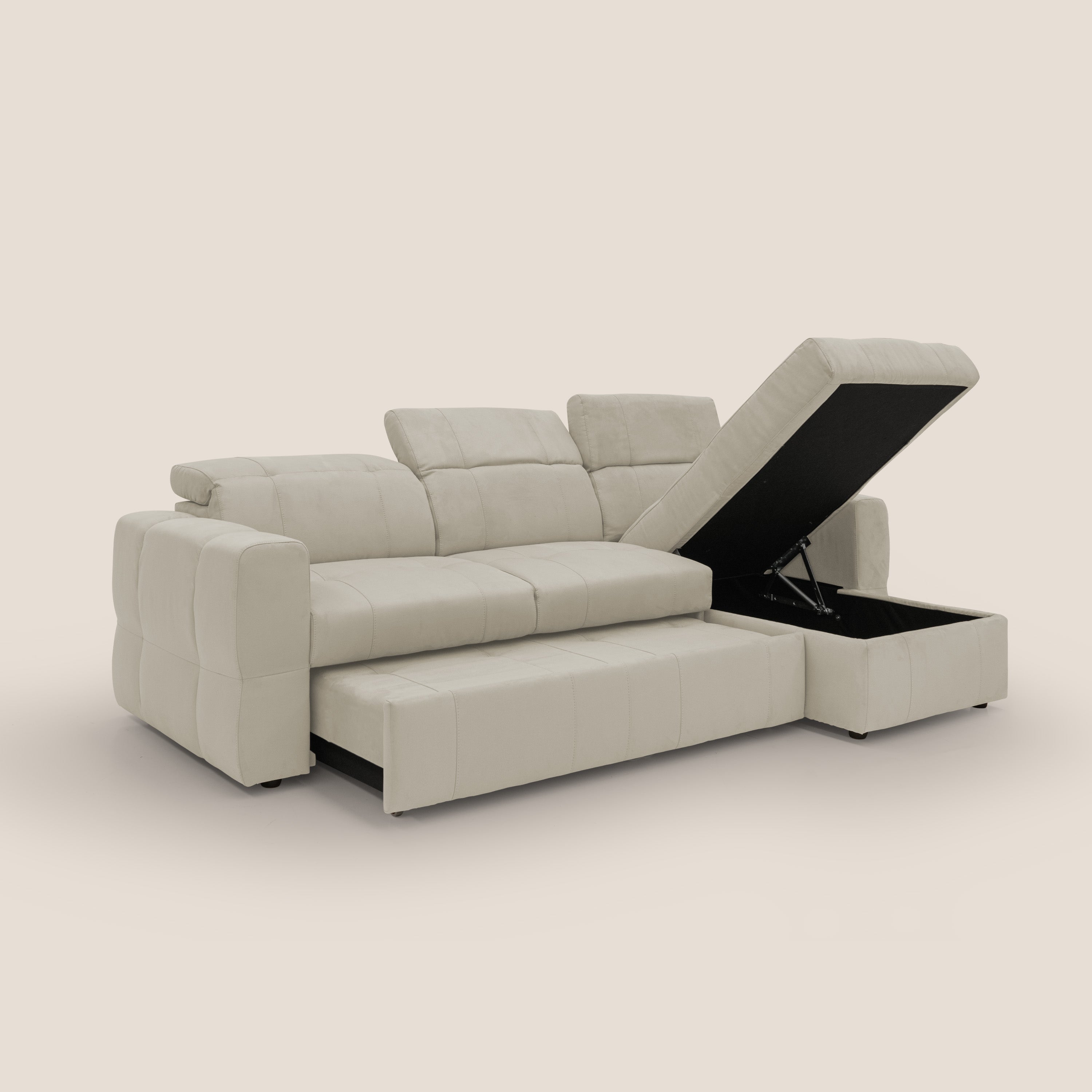 Kronos Divano angolare con pouf estraibile e penisola contenitore in microfibra impermeabile T11 panna - divitt.sbs